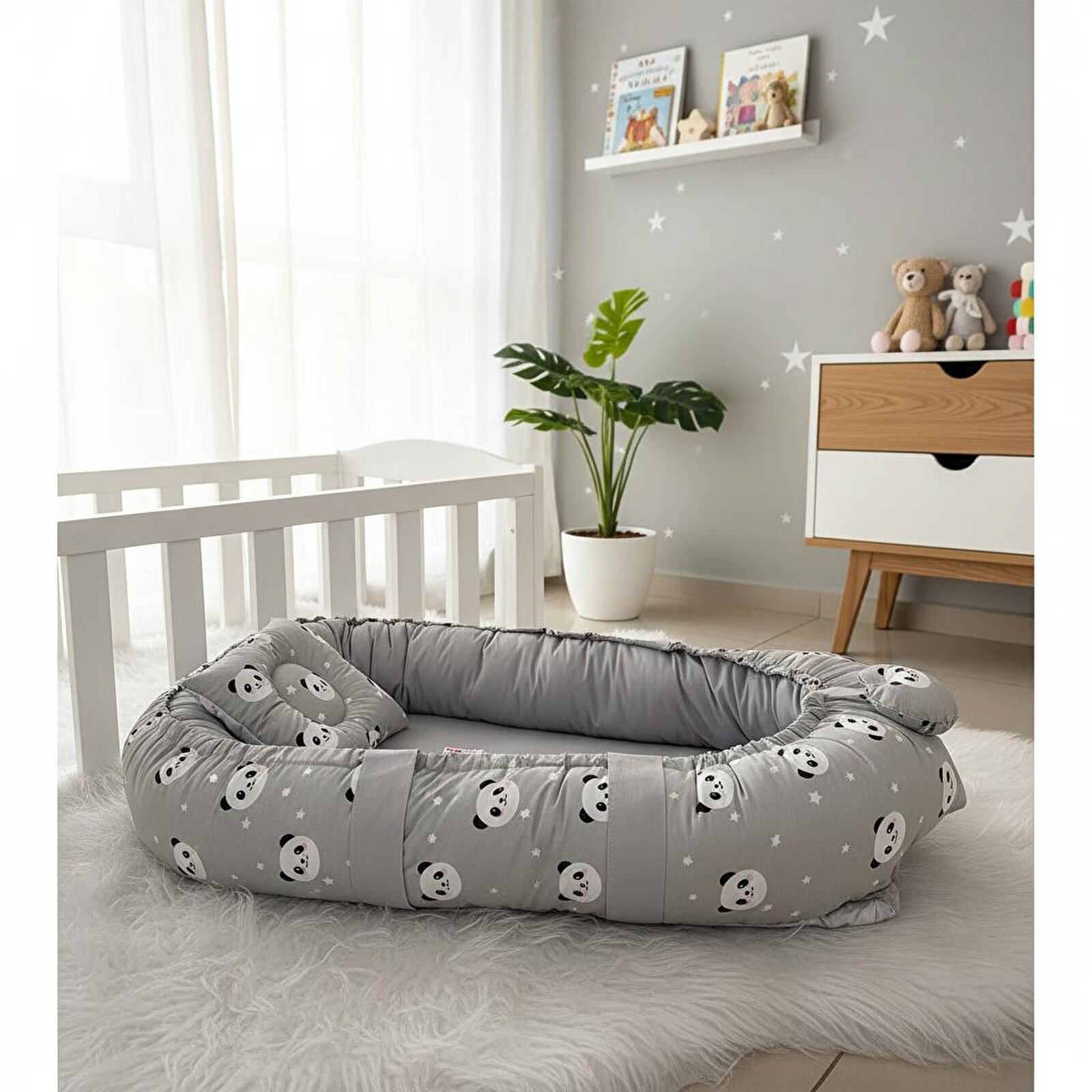 Babynest Lüks Tasarım Ortopedik Anne Yanı Bebek Yatağı Gri Panda