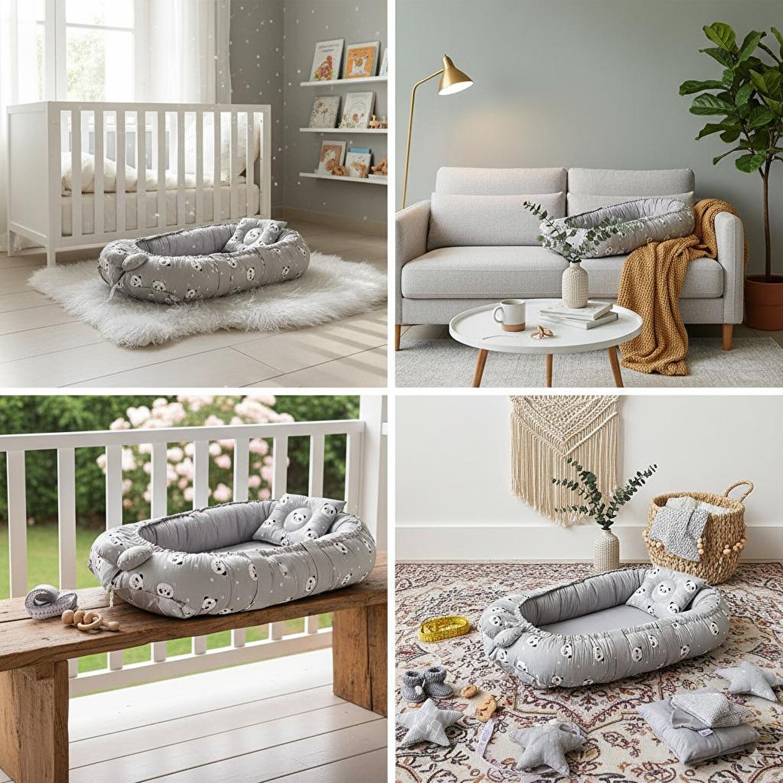 Babynest Lüks Tasarım Ortopedik Anne Yanı Bebek Yatağı Gri Panda