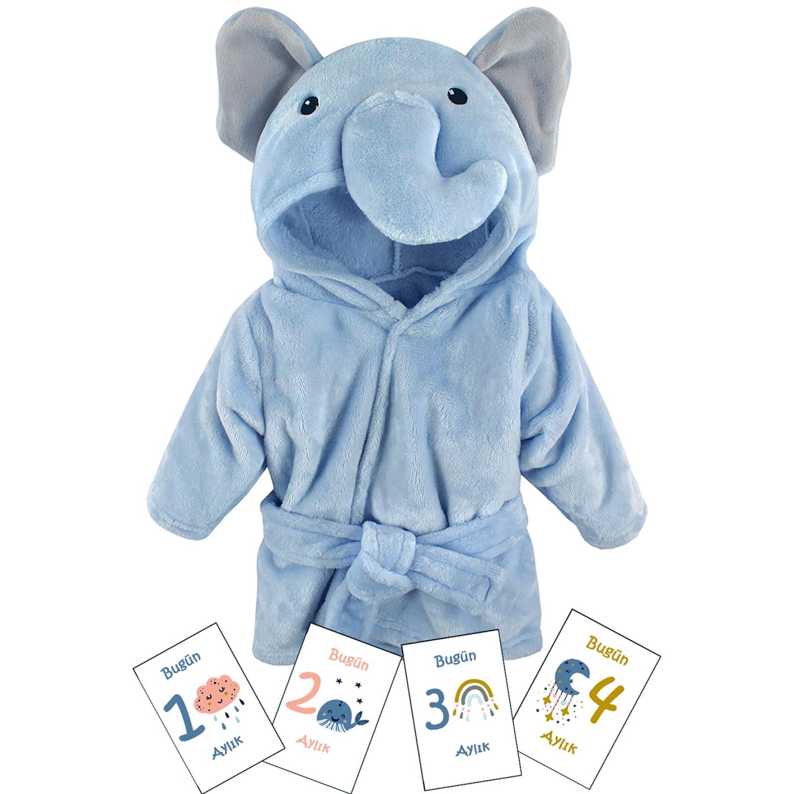 Fil Desenli Erkek Bebek Bornoz Seti ve 12’li Aylık Ay Dönümü Anı Kartları – Bebek Hediyelik Fil Desenli Erkek Bebek Bornoz Seti ve 12’li Aylık Ay Dönümü Anı Kartları – Bebek Hediyelik