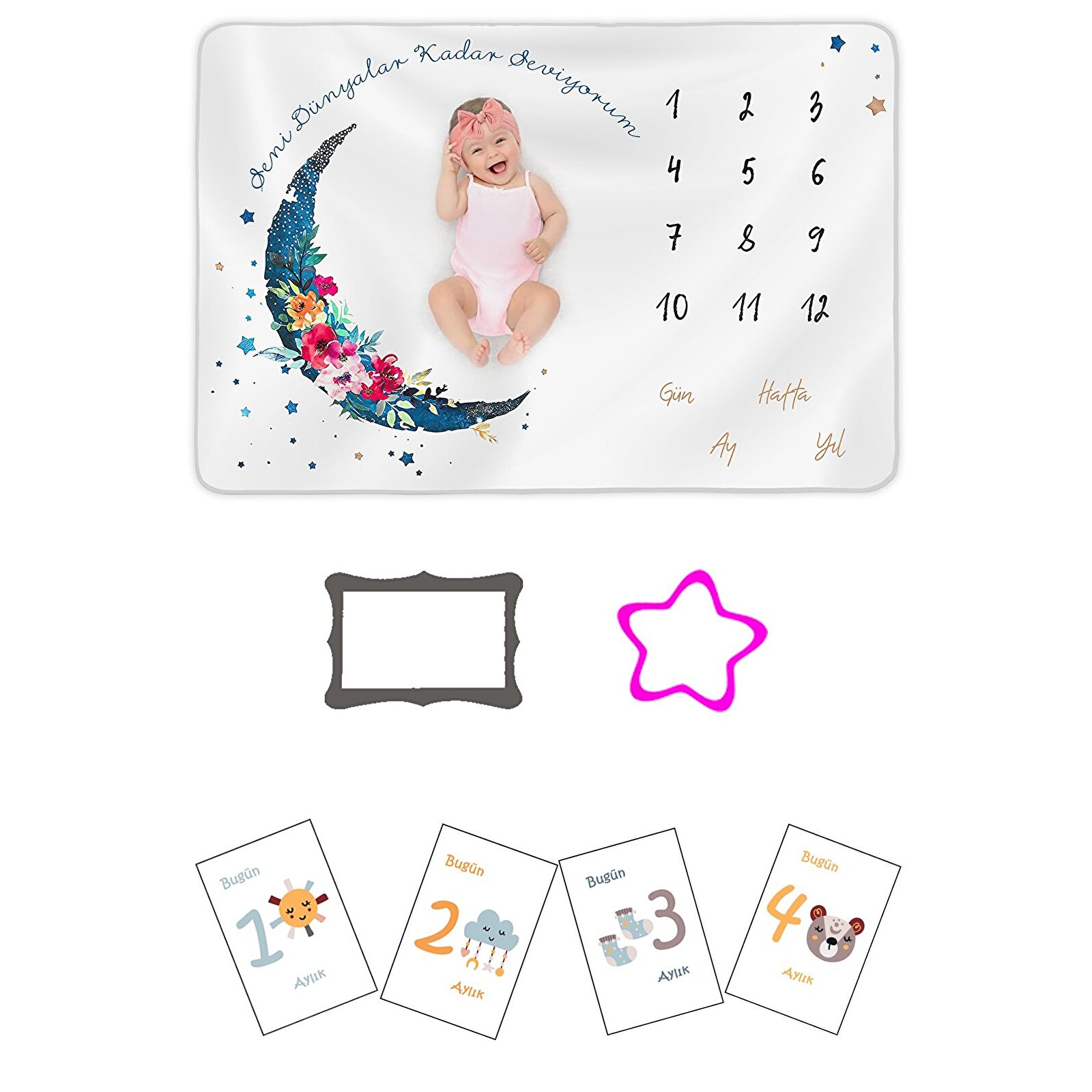 Yenidoğan Hastane Çıkış Hediyeleri, Kız Bebek İçin Anı Battaniyesi, 12’li Aylık Ay Dönümü İşaretleri