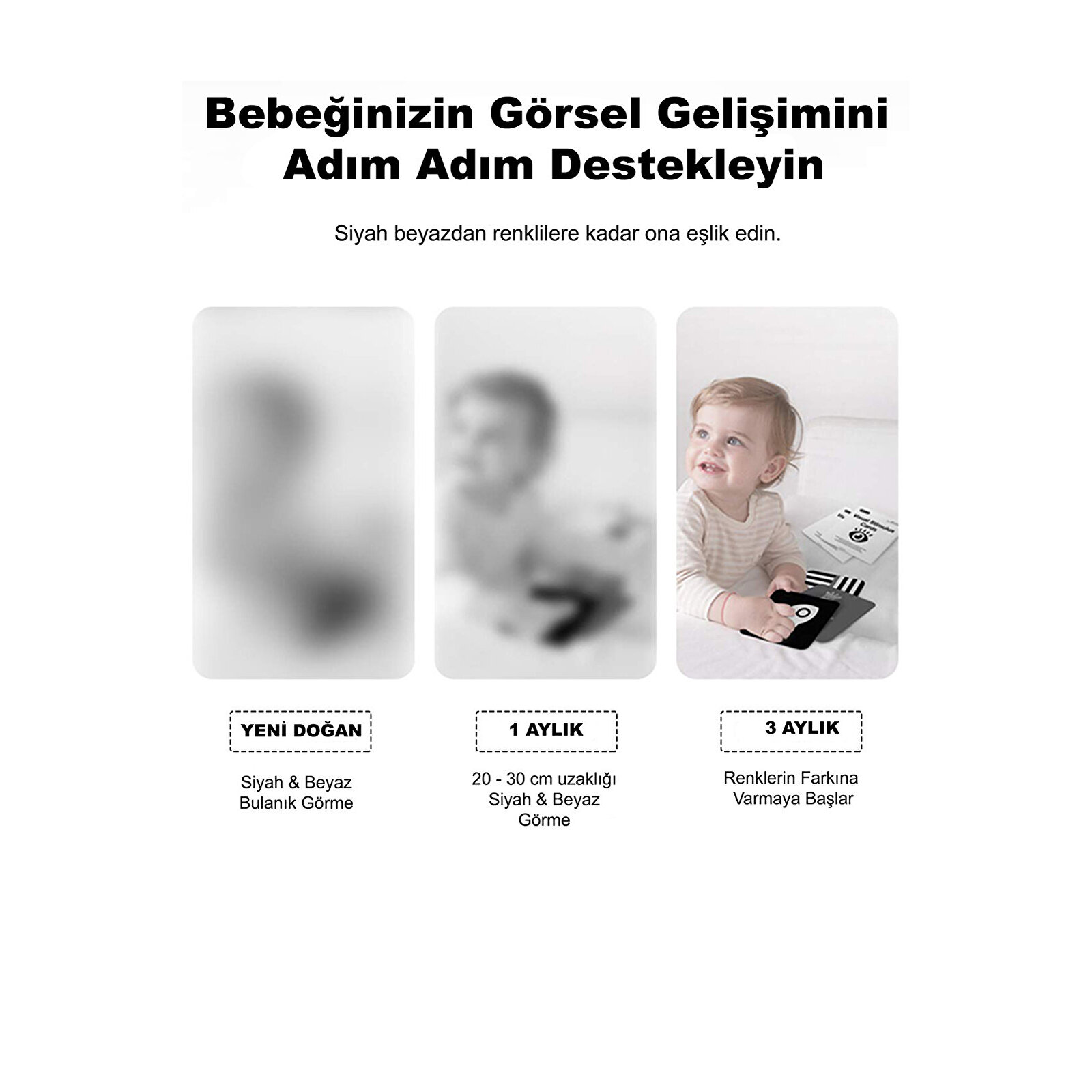 Siyah Beyaz Renkli Bebek Zeka Kartları, Yenidoğan Beyin Gelişimi Eğitici Oyuncak, 36 Adet, 3-6 Ay