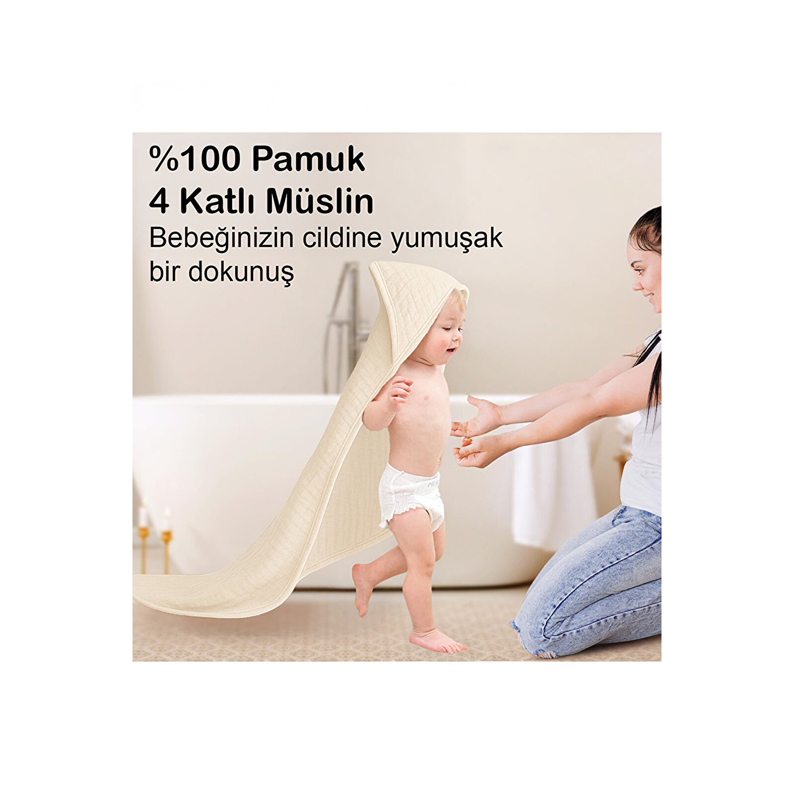 Yenidoğan Bebek Müslin Banyo Havlusu Kapüşonlu, 4 Katlı, Kalın, Yumuşak ve Emici %100 Pamuk, 70X70cm