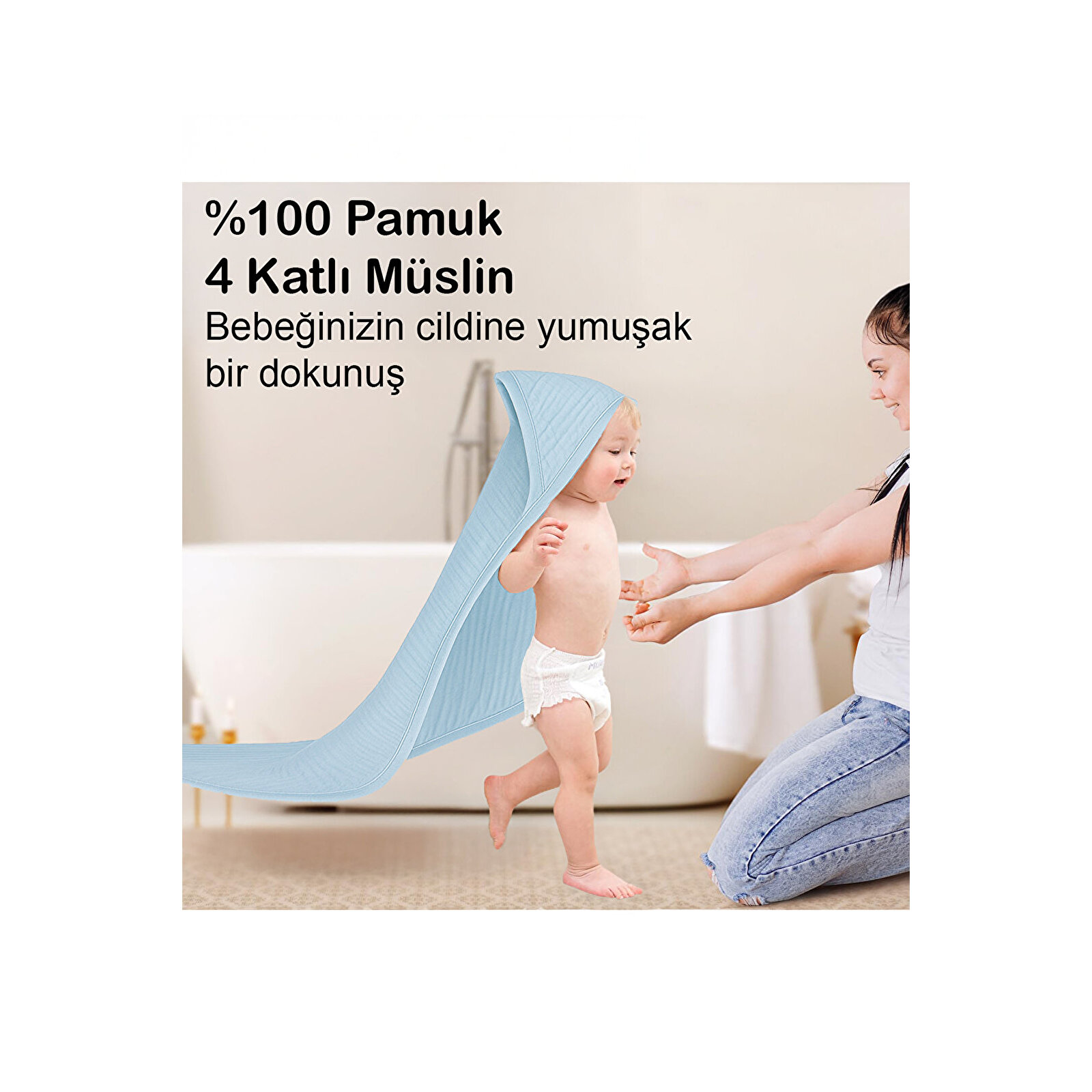 Yenidoğan Bebek Müslin Banyo Havlusu Kapüşonlu, 4 Katlı, Kalın, Yumuşak ve Emici %100 Pamuk, 70X70cm