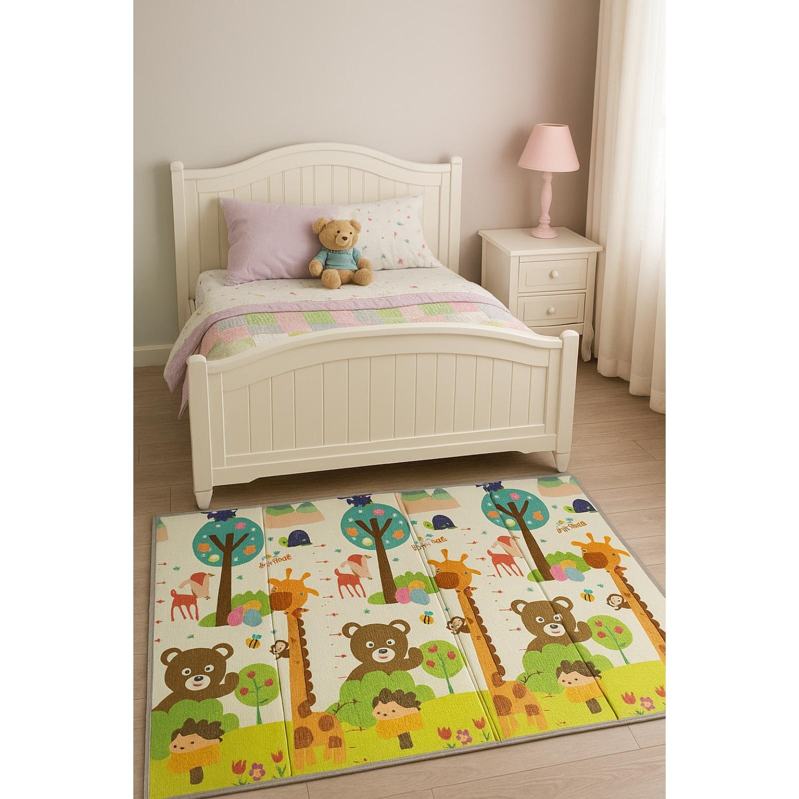 Katlanabilir Çift Taraflı Oyun Matı - Çantalı, Kaymaz, Su Geçirmez, Zürafa, Ayı & Fil Desenli