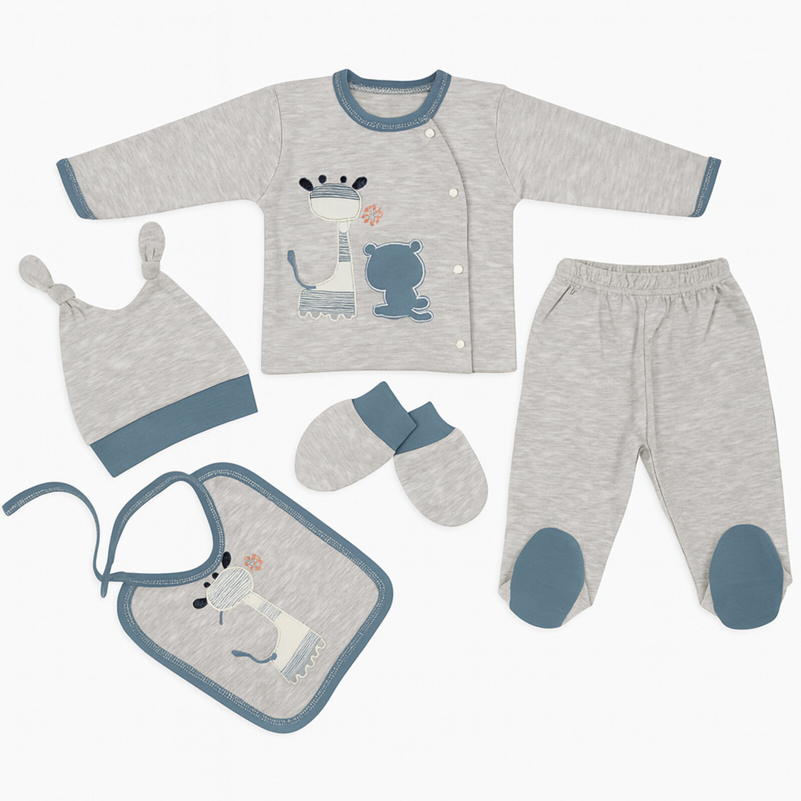 5’li Erkek Bebek Hastane Çıkışı Seti – Gri Zürafa Desenli (%100 Pamuk)