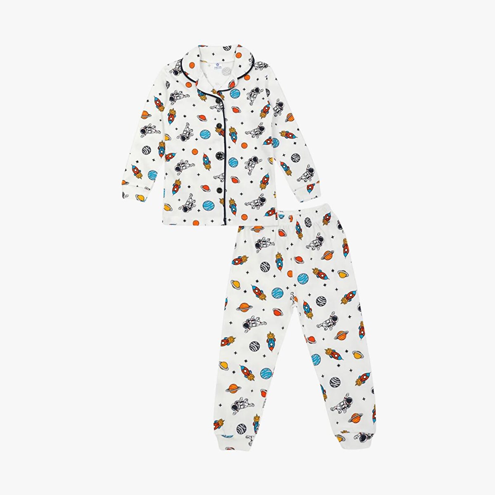 Önden Düğmeli Erkek Çocuk Pijama Takımı Astronot Desenli