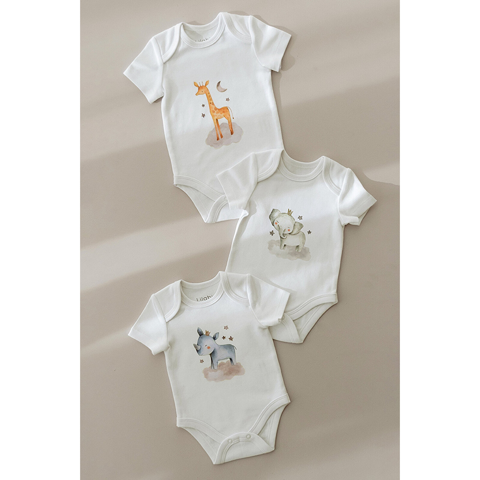 %100 Organik Pamuk 3lü Baskılı Kısa Kollu Bebek Body Hayvanlar