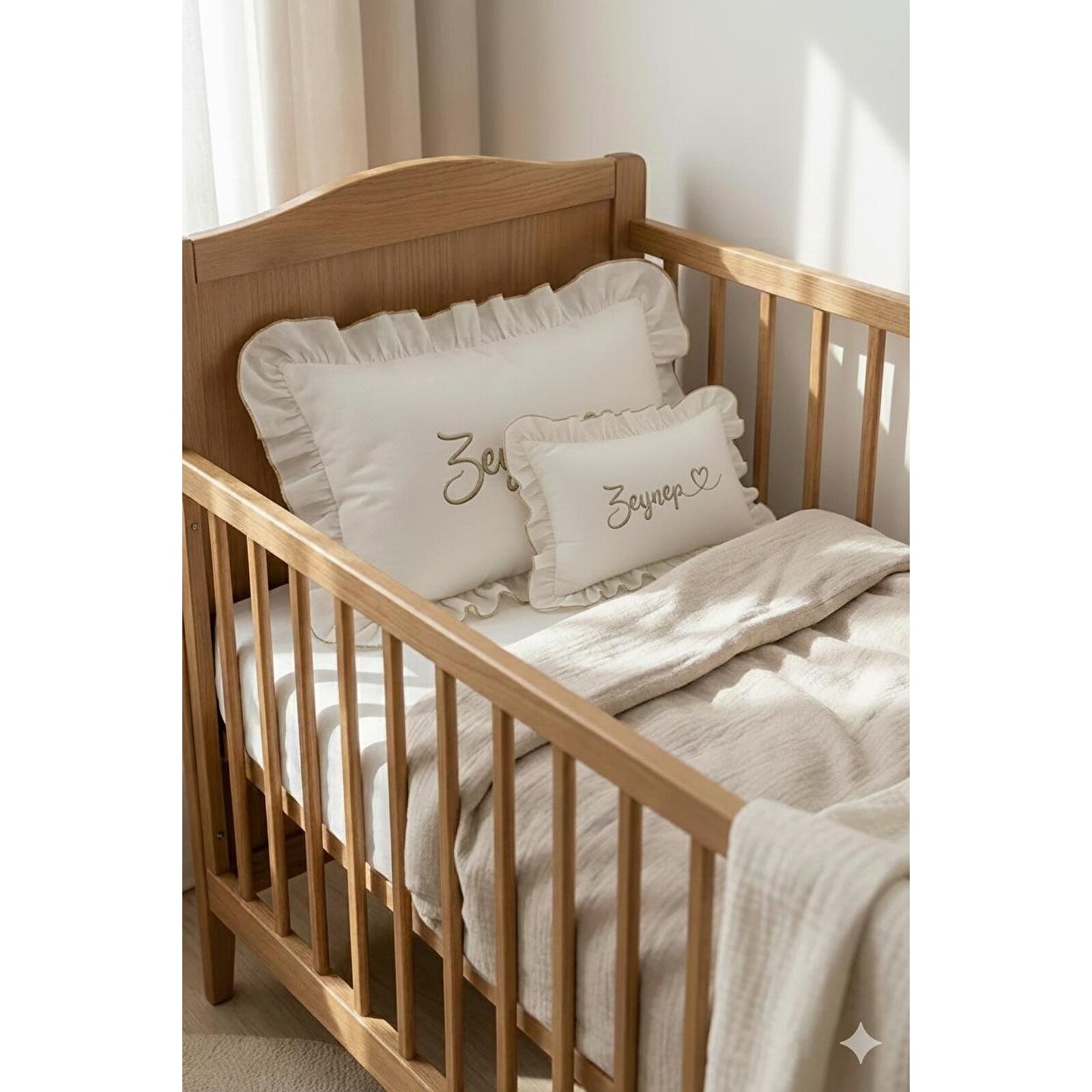 İsme Özel Nakışlı Bebek Yastığı – Fırfırlı,  25x37 cm Bebek Yastık Yumuşak & Şık Tasarım