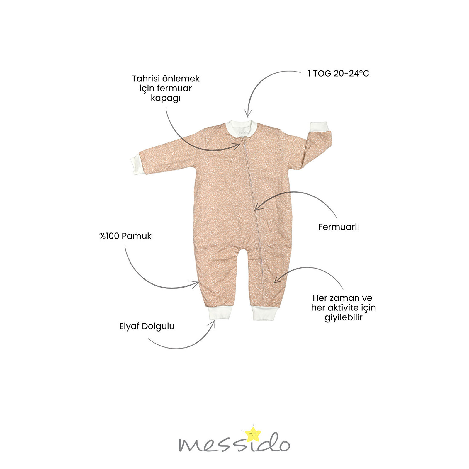Kız Bej Kalpli Desen Uyku Tulumu Fermuarlı 1TOG Bisiklet Yaka Ribanalı Paça Uzun Kol Kız Bej Kalpli Desen Uyku Tulumu Fermuarlı 1TOG Bisiklet Yaka Ribanalı Paça Uzun Kol