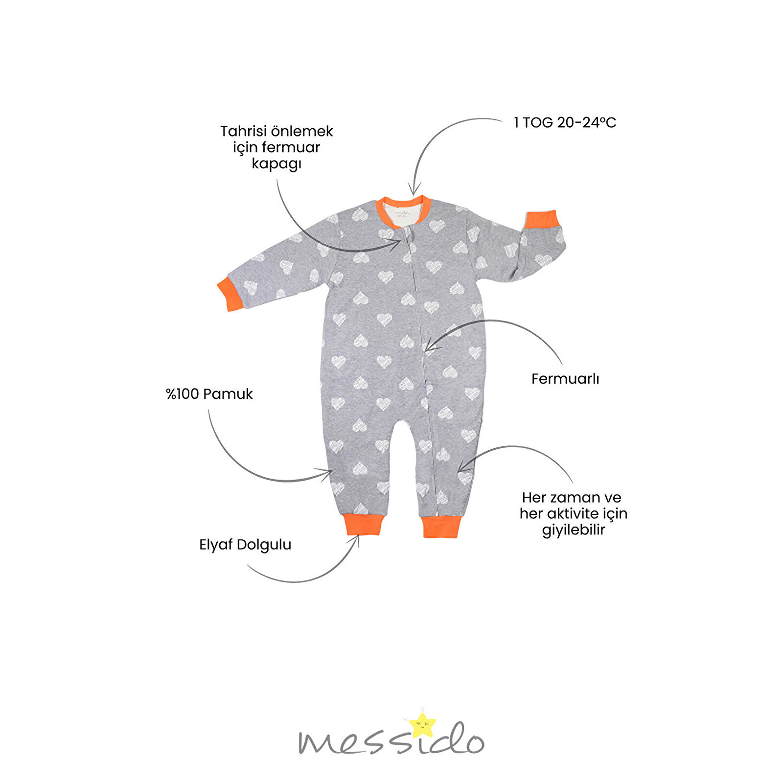 Kız Gri Kalpli Desen Uyku Tulumu Fermuarlı 1TOG Bisiklet Yaka Ribanalı Paça Uzun Kol Kız Gri Kalpli Desen Uyku Tulumu Fermuarlı 1TOG Bisiklet Yaka Ribanalı Paça Uzun Kol