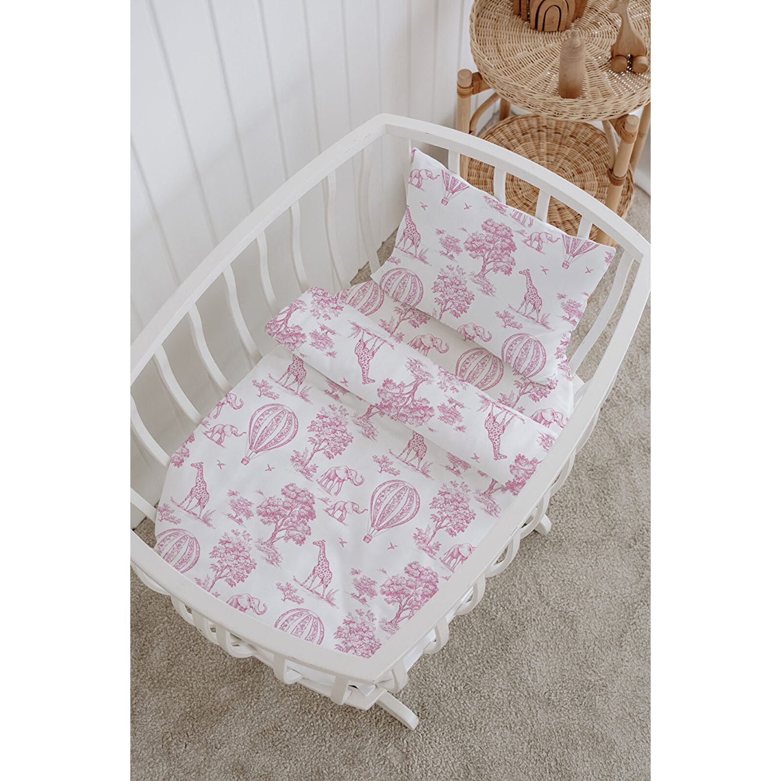 %100 Pamuklu Poplin Anne Yanı Beşik Nevresim Seti 60x100 cm - Pink Balloon Safari