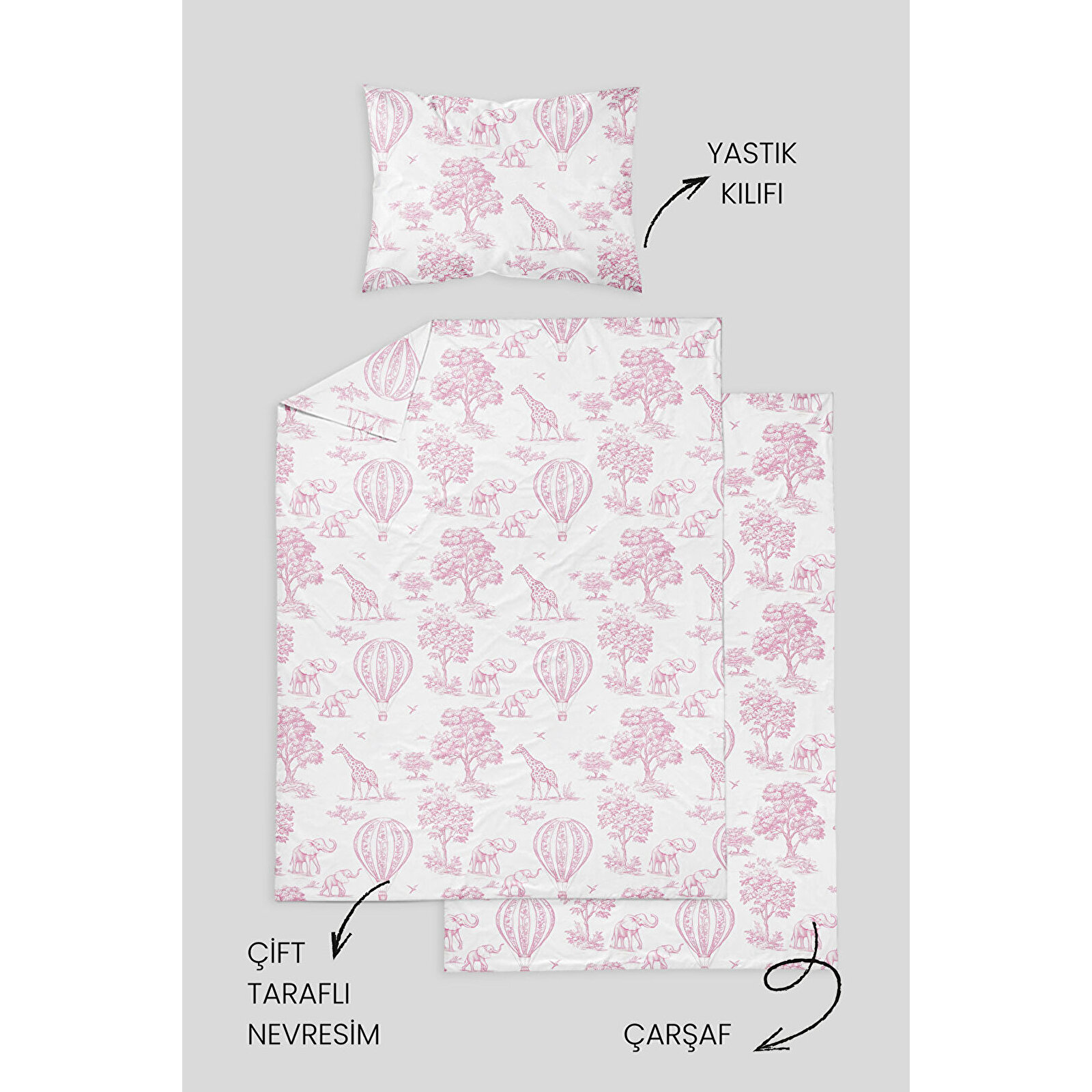 %100 Pamuklu Poplin Anne Yanı Beşik Nevresim Seti 60x100 cm - Pink Balloon Safari