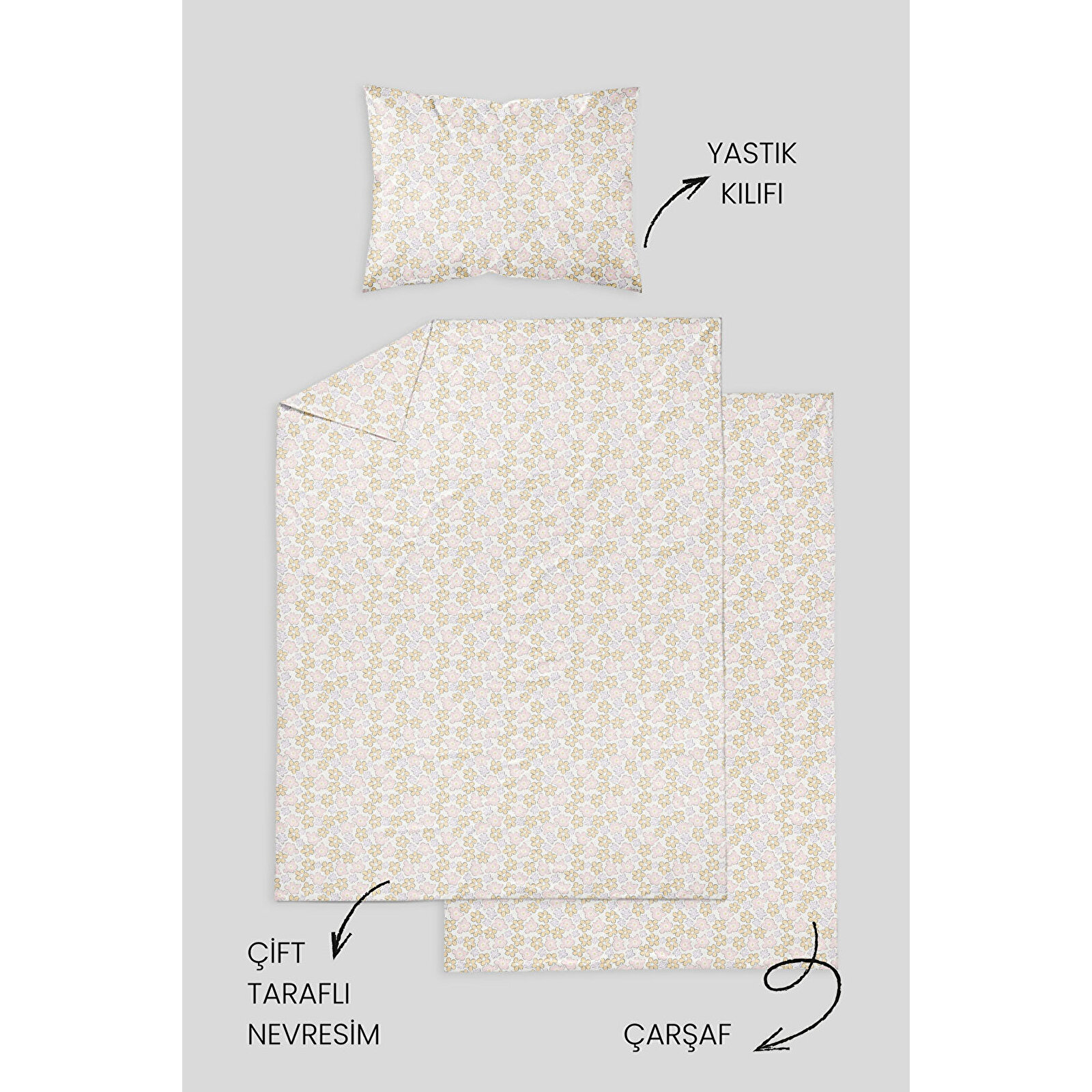 %100 Pamuklu Poplin Anne Yanı Beşik Nevresim Seti 60x100 cm - Minik Çiçekler