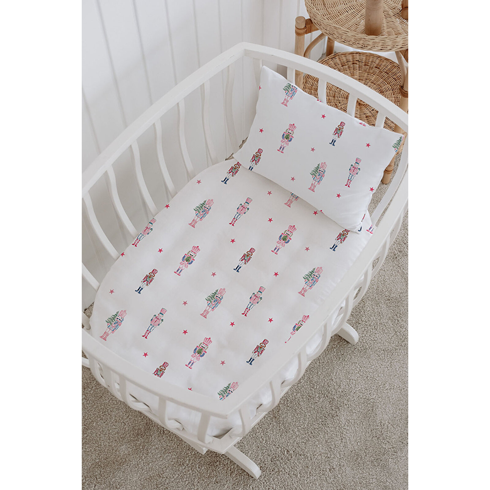 %100 Pamuklu Poplin Anne Yanı Beşik Nevresim Seti 60x100 cm - Renkli Kurşun Asker