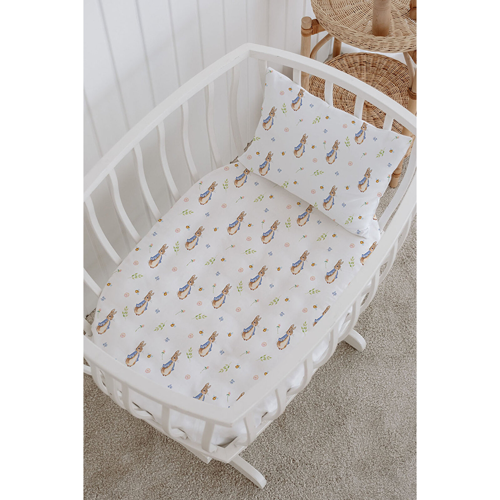 %100 Pamuklu Poplin Anne Yanı Beşik Nevresim Seti 60x100 cm - Sevimli Tavşan