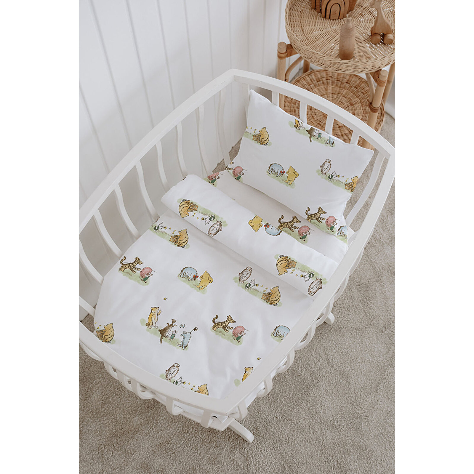 %100 Pamuklu Poplin Anne Yanı Beşik Nevresim Seti 60x100 cm - Sevimli Orman Dostları