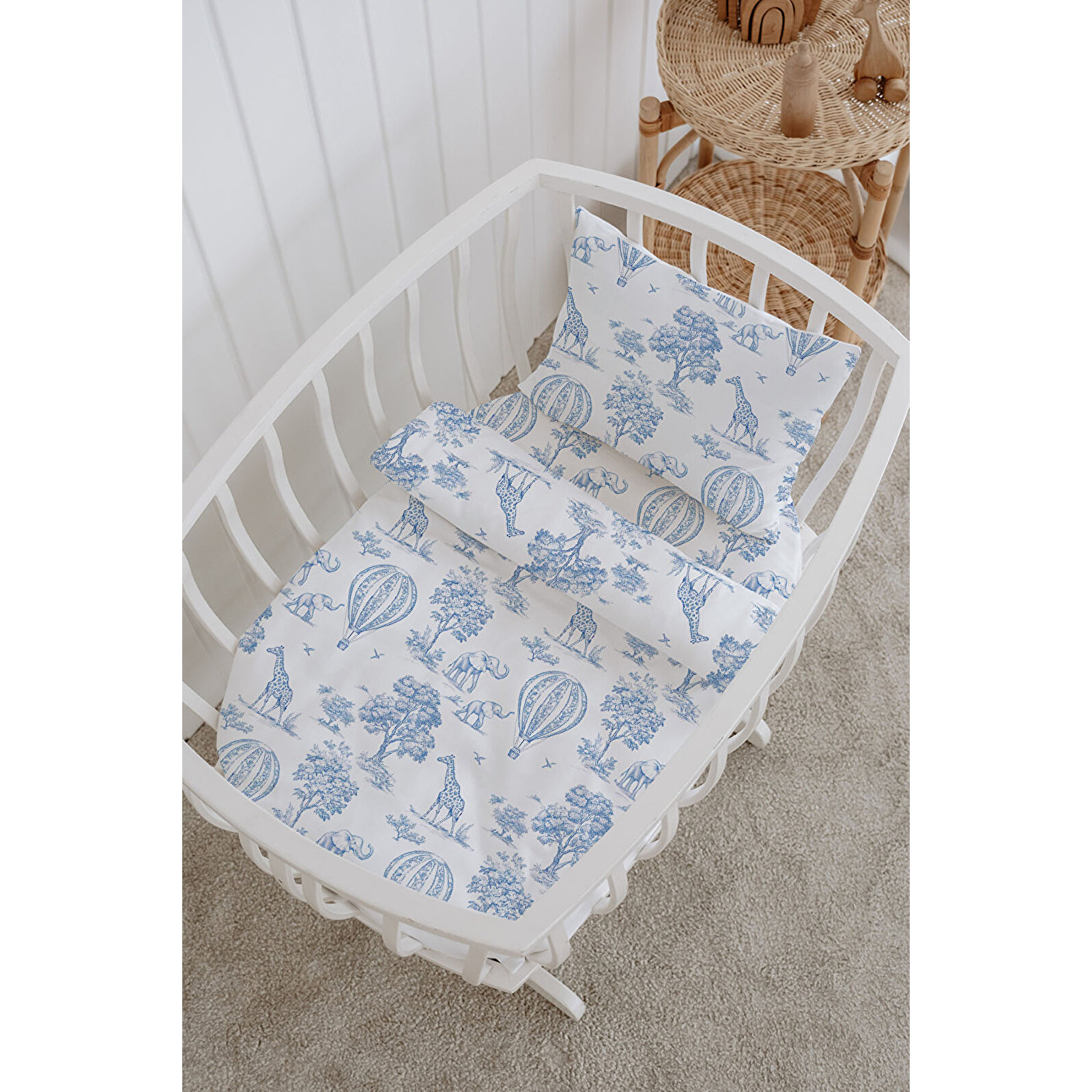 %100 Pamuklu Poplin Bebek Beşik Nevresim Seti 80x120 cm - Blue Balloon Safari