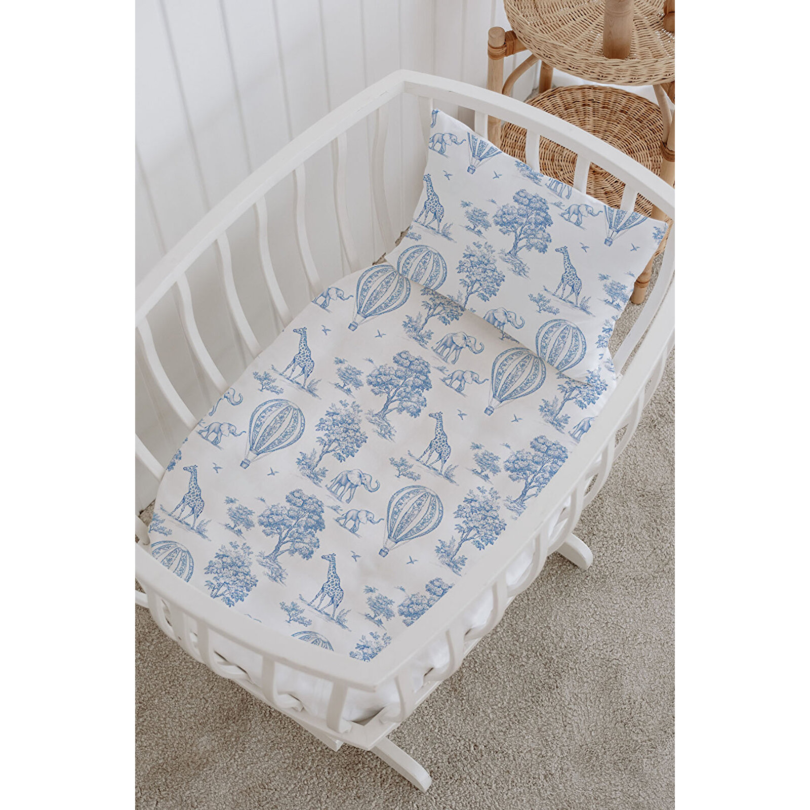 %100 Pamuklu Poplin Bebek Beşik Nevresim Seti 80x120 cm - Blue Balloon Safari