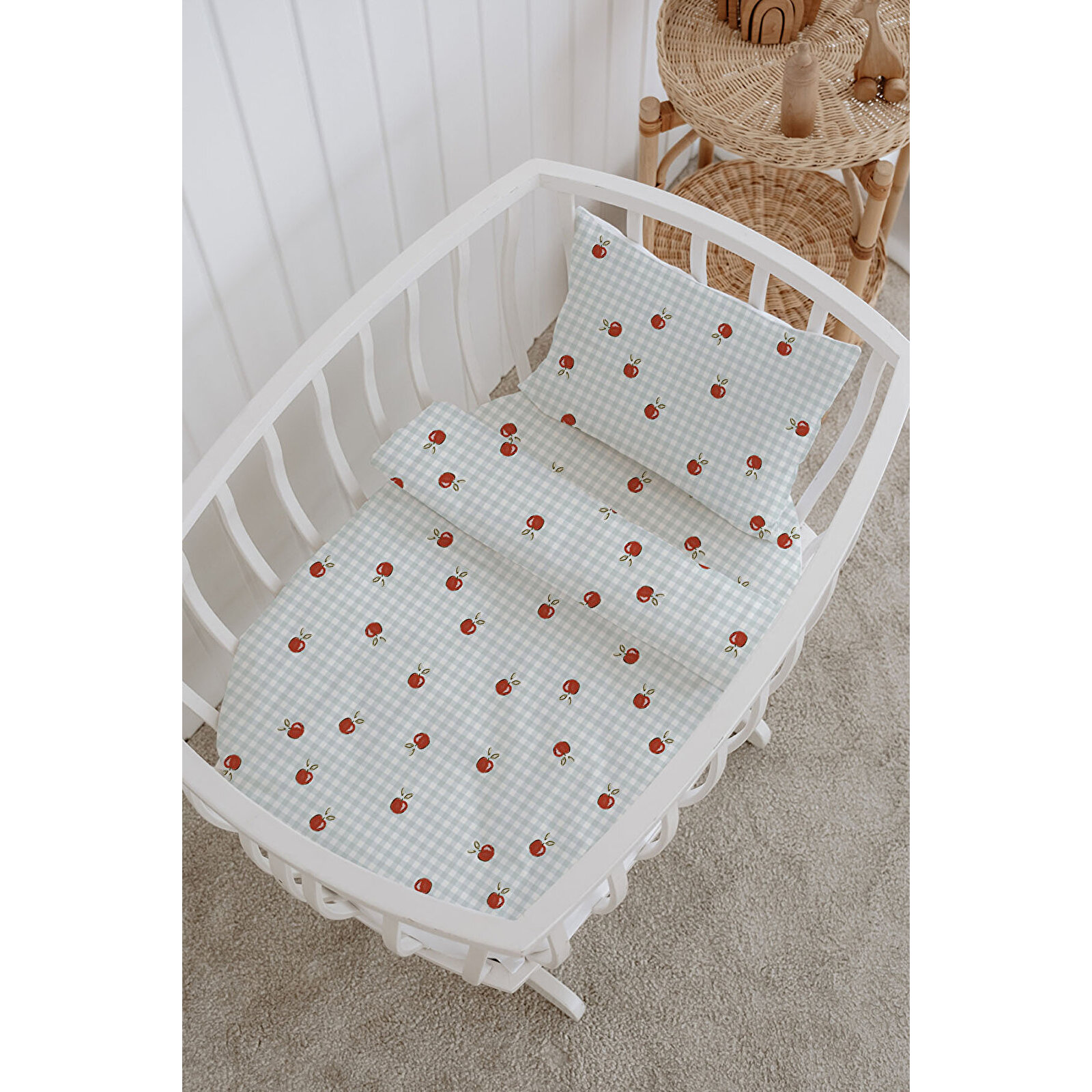 %100 Pamuklu Poplin Bebek Beşik Nevresim Seti 80x120 cm - Pötikare Elmalar