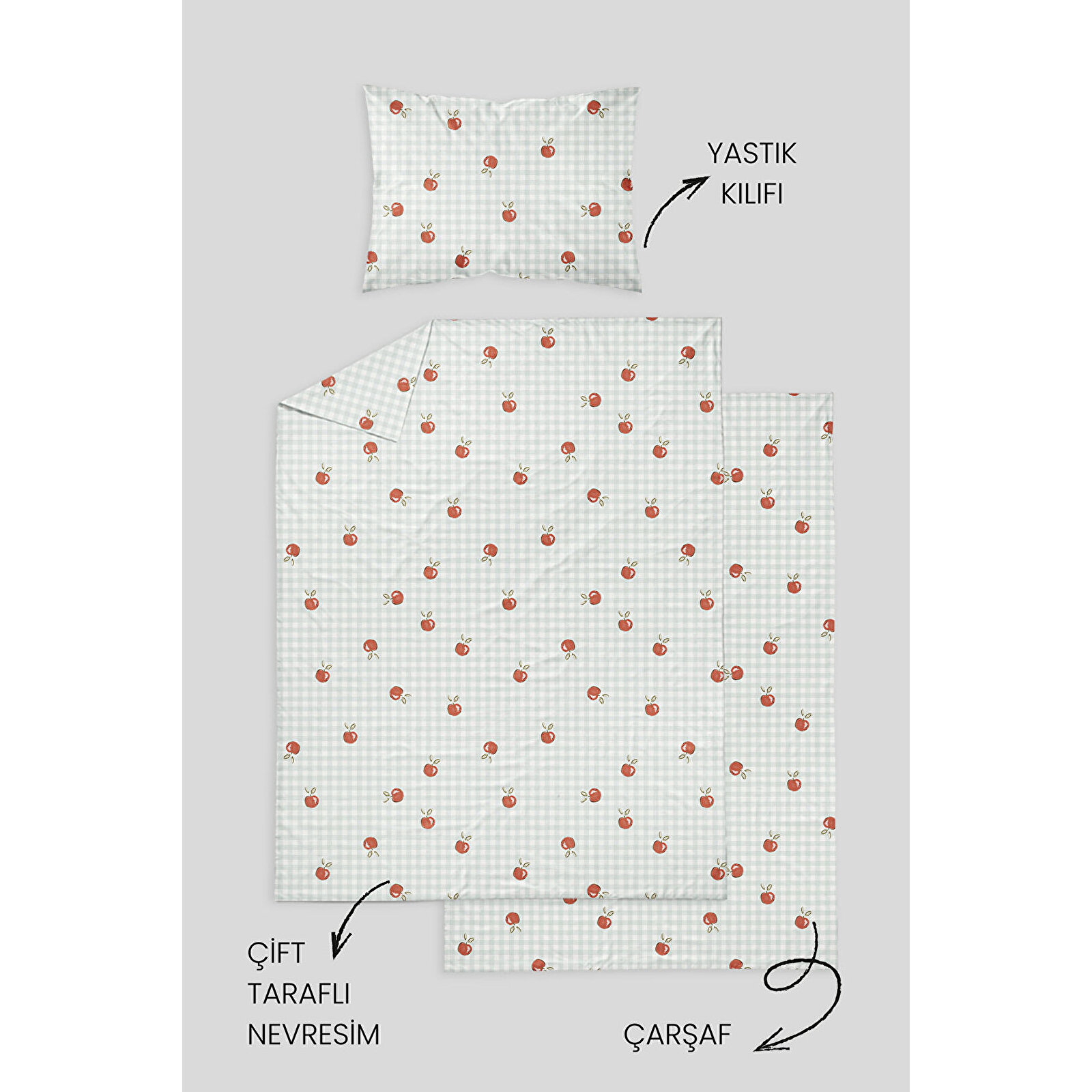 %100 Pamuklu Poplin Bebek Beşik Nevresim Seti 80x120 cm - Pötikare Elmalar