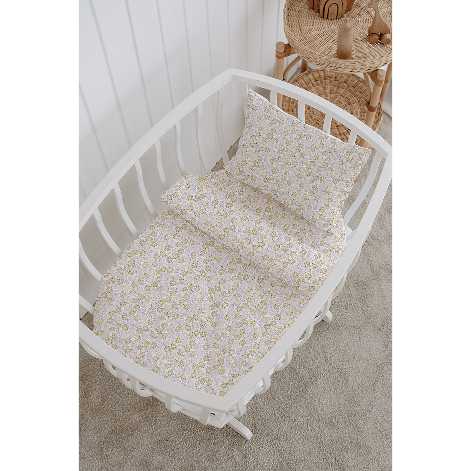%100 Pamuklu Poplin Bebek Beşik Nevresim Seti 80x120 cm - Minik Çiçekler