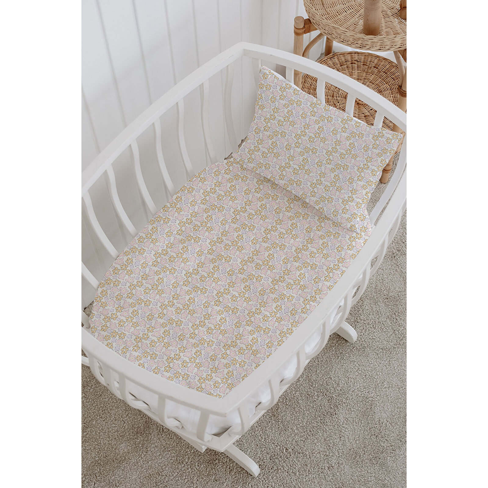 %100 Pamuklu Poplin Bebek Beşik Nevresim Seti 80x120 cm - Minik Çiçekler