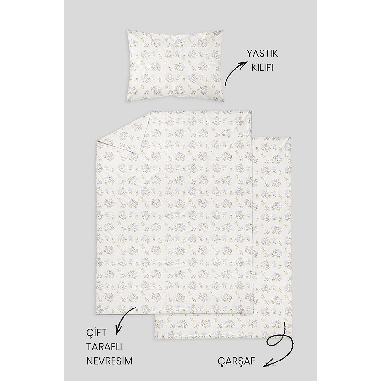 %100 Pamuklu Poplin Bebek Beşik Nevresim Seti 80x120 cm - Pastel Bahar Çiçekleri