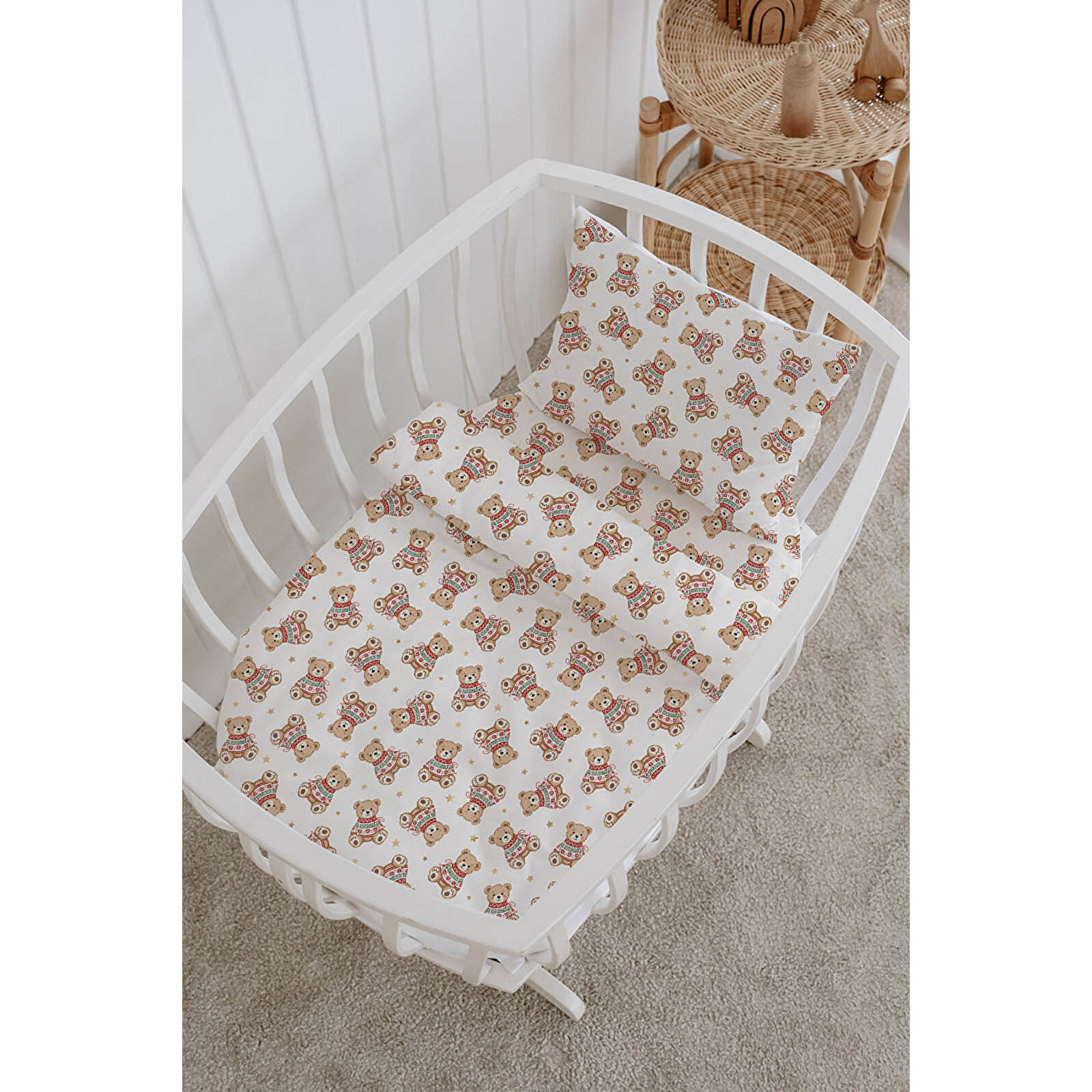 %100 Pamuklu Poplin Bebek Beşik Nevresim Seti 80x120 cm - Sevimli Kış Ayıları