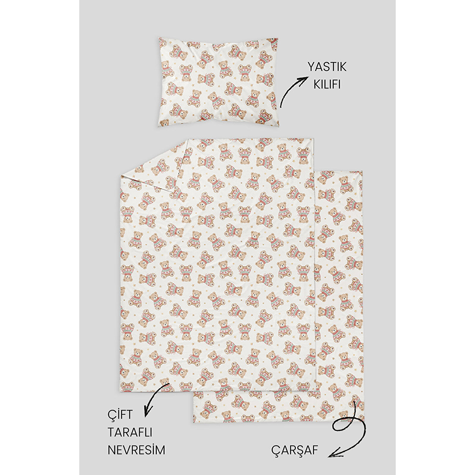 %100 Pamuklu Poplin Bebek Beşik Nevresim Seti 80x120 cm - Sevimli Kış Ayıları