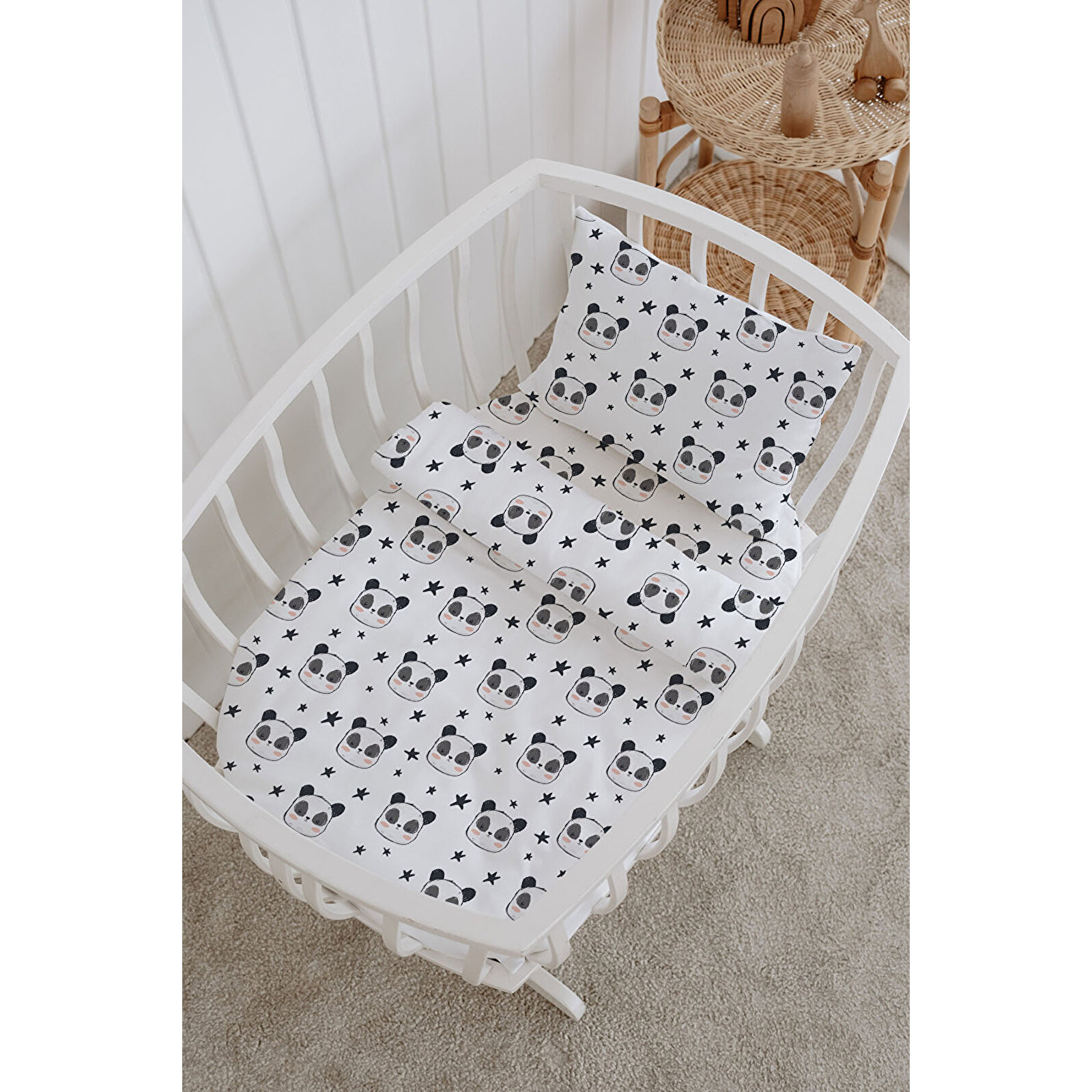 %100 Pamuklu Poplin Bebek Beşik Nevresim Seti 80x120 cm - Sevimli Panda