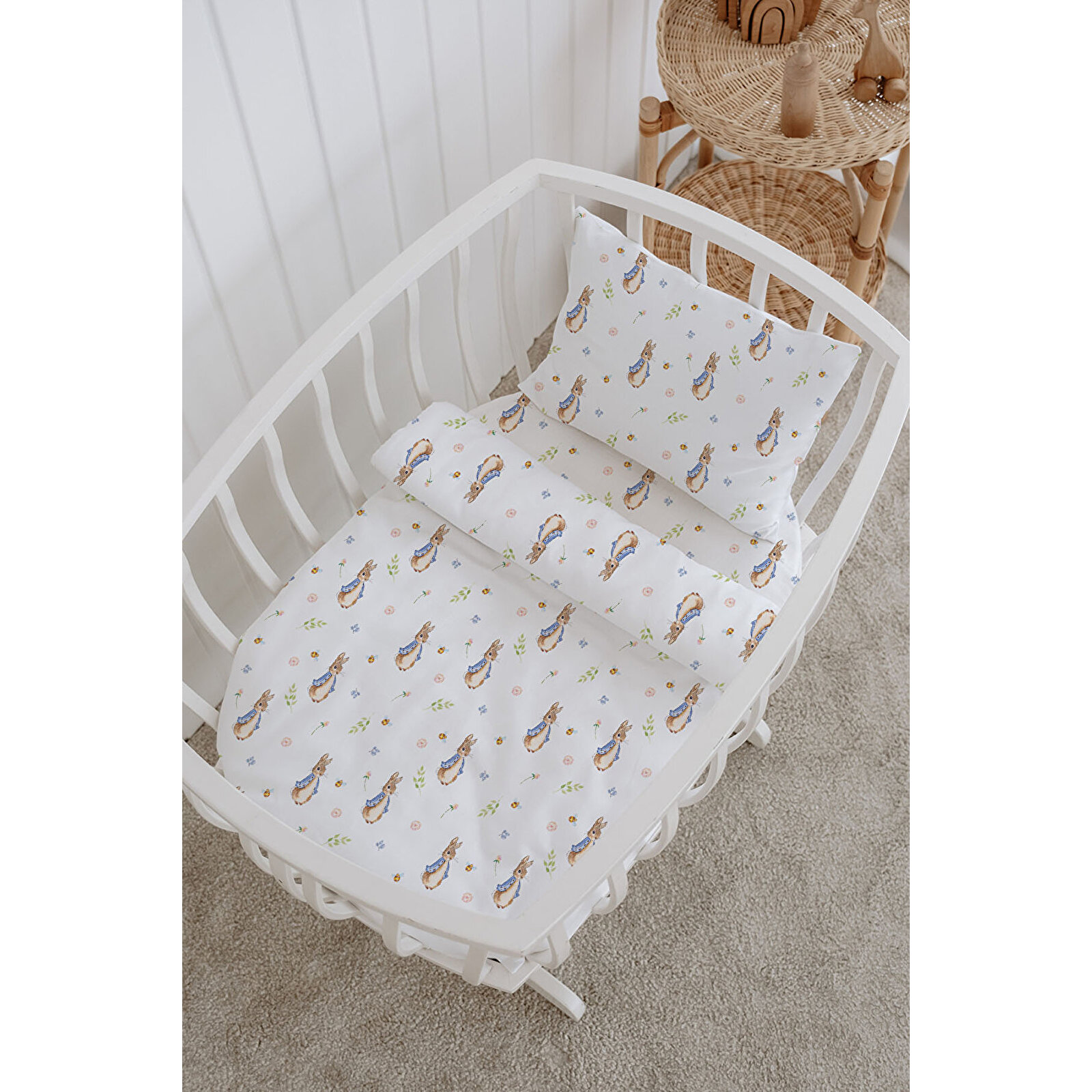%100 Pamuklu Poplin Bebek Beşik Nevresim Seti 80x120 cm - Sevimli Tavşan