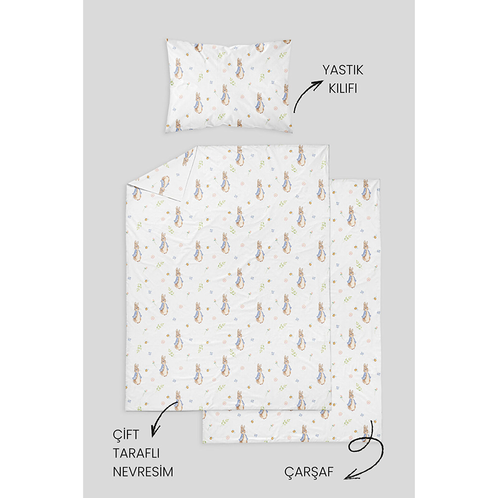 %100 Pamuklu Poplin Bebek Beşik Nevresim Seti 80x120 cm - Pembe Fiyonk Masalı