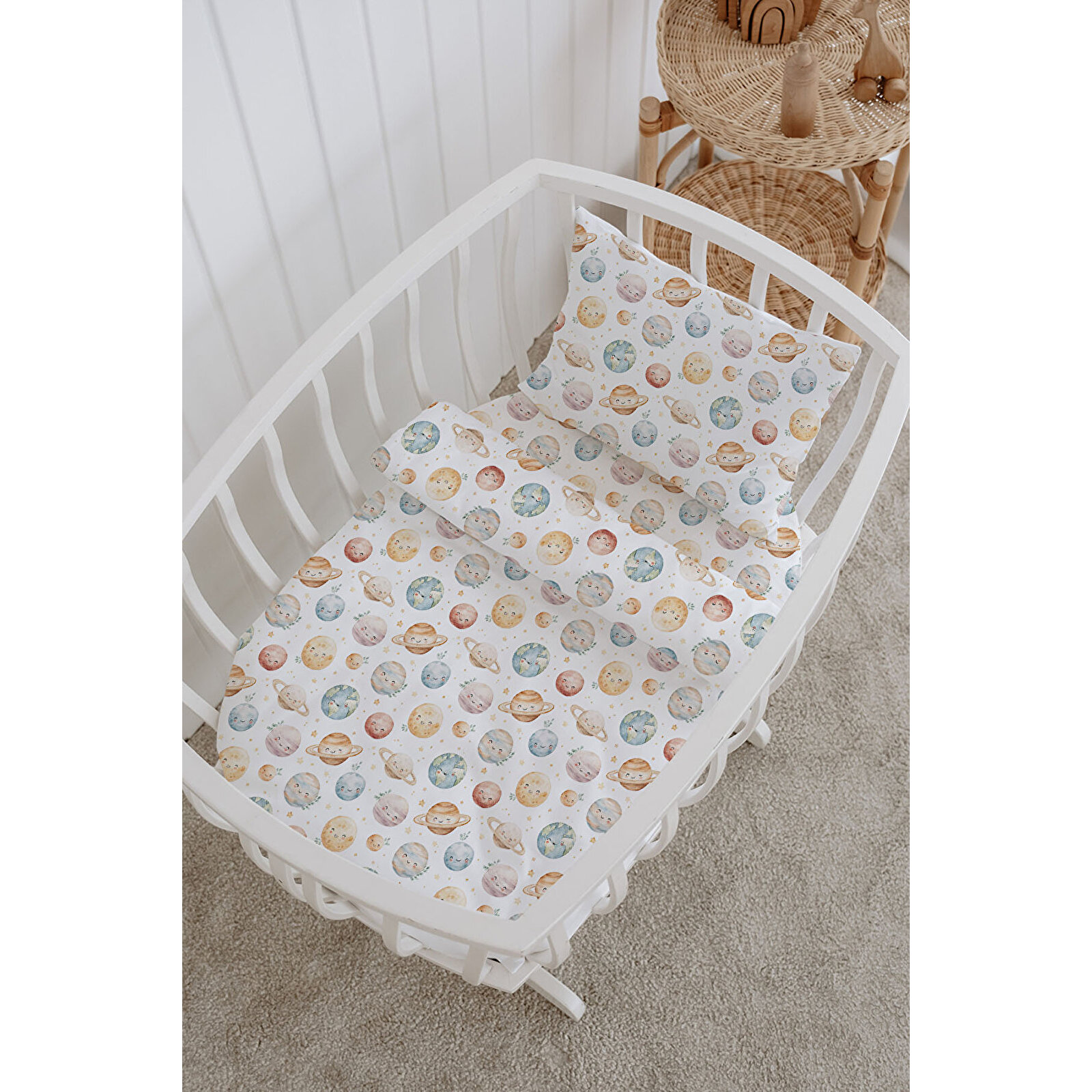 %100 Pamuklu Poplin Bebek Beşik Nevresim Seti 80x120 cm - Sevimli Uzay Macerası