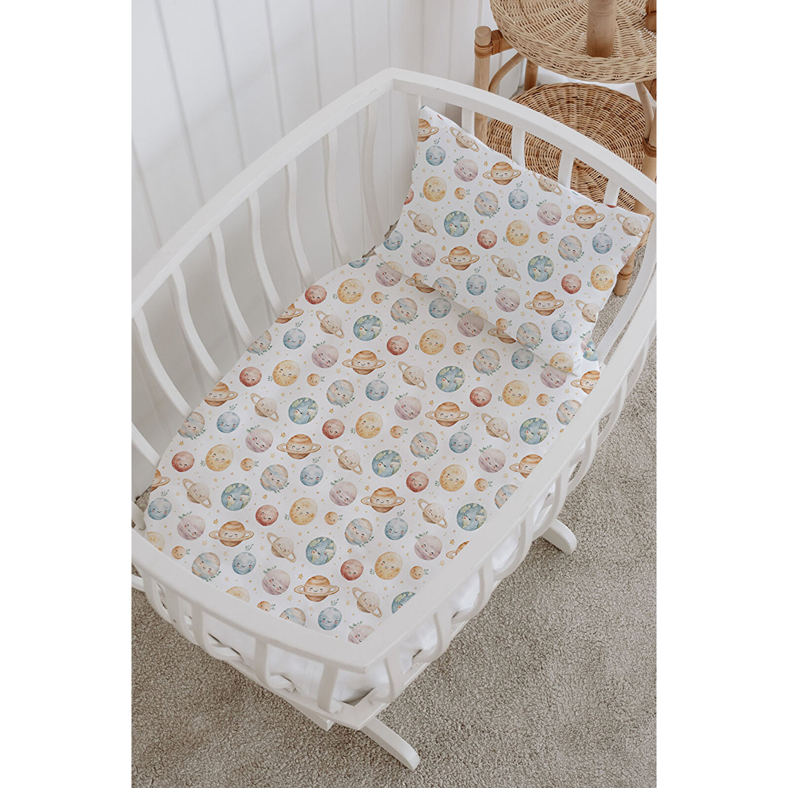 %100 Pamuklu Poplin Bebek Beşik Nevresim Seti 80x120 cm - Sevimli Uzay Macerası