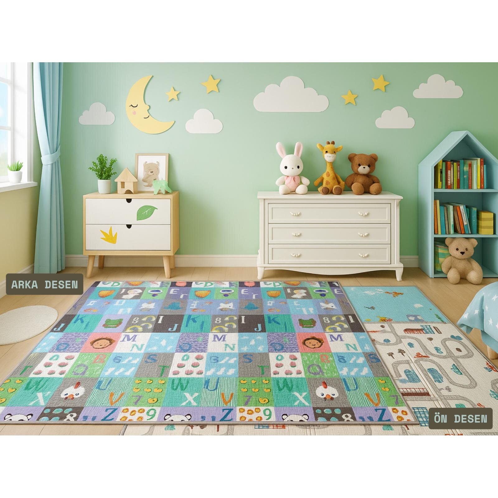 Katlanabilir Çift Taraflı Oyun Matı - Çantalı, Kaymaz, Su Geçirmez, Araçlar, Yollar & Harf Desenli