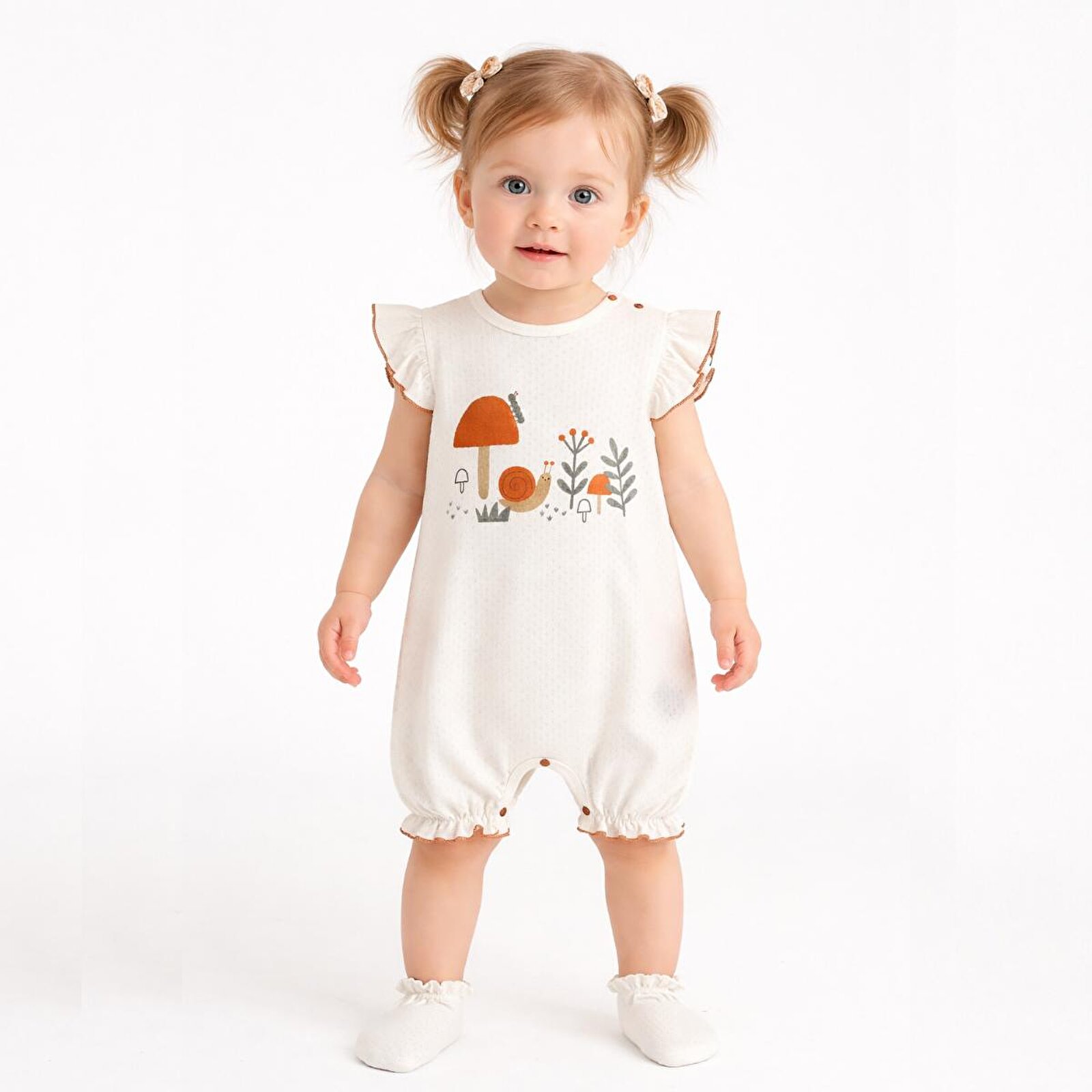 Kız Bebek Jakarlı Kısa Tulum, Çıtçıtlı, Bisiklet Yaka, Kısa Paça, Kısa Kol