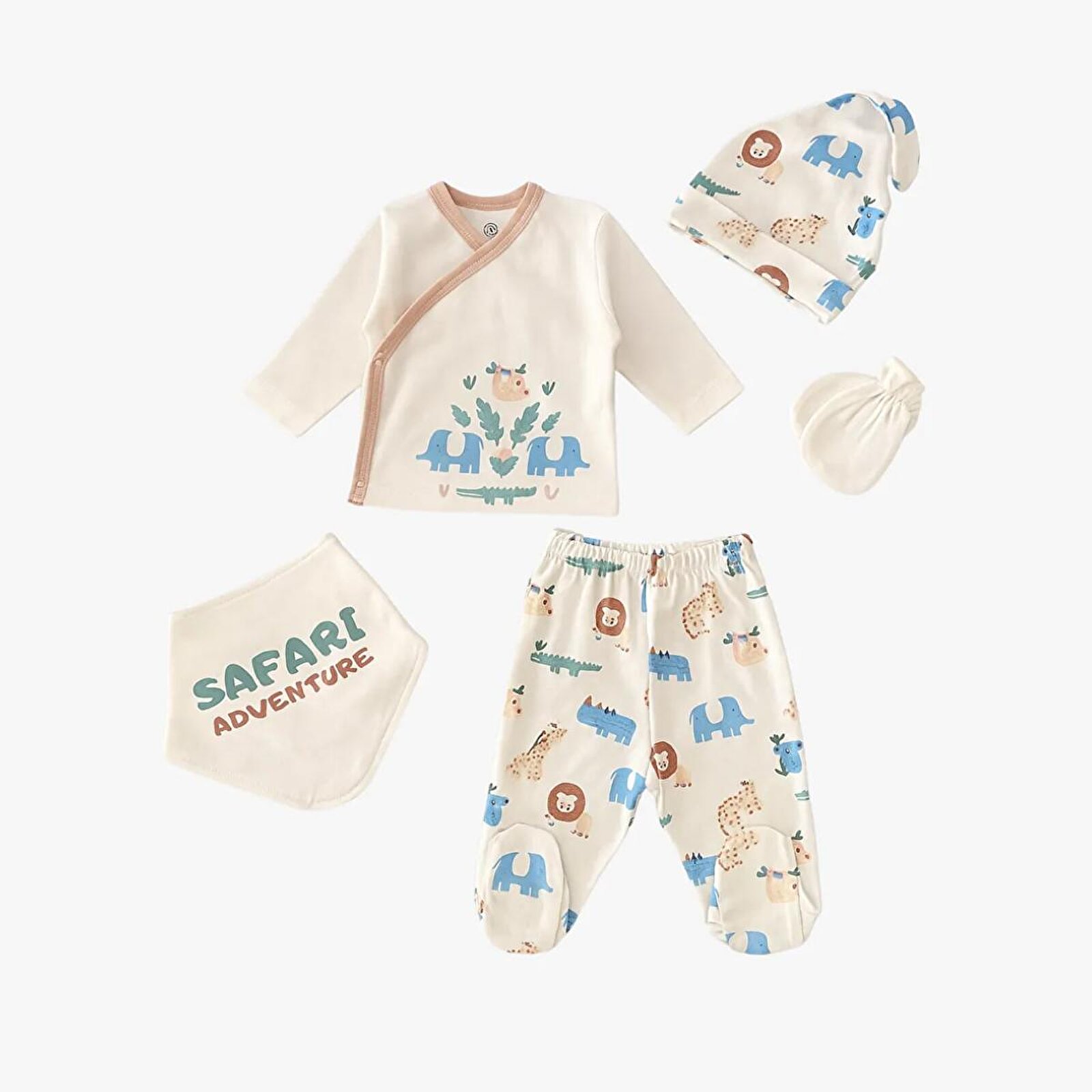 Erkek Bebek 5li Hastane Çıkışı Çıtçıtlı Zarf Yaka Uzun Paça Uzun Kol