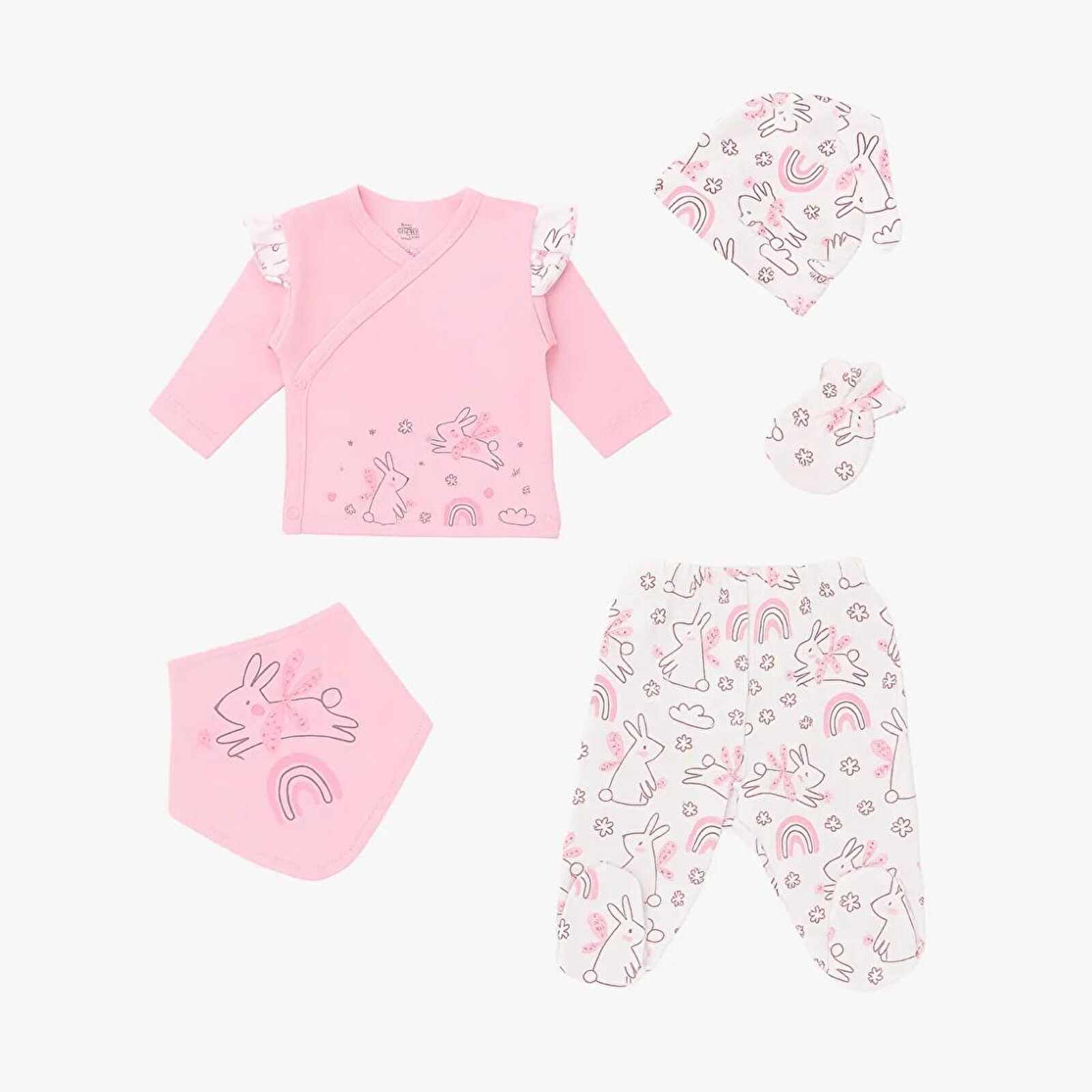 Kız Bebek 5li Hastane Çıkışı Çıtçıtlı Zarf Yaka Uzun Paça Uzun Kol