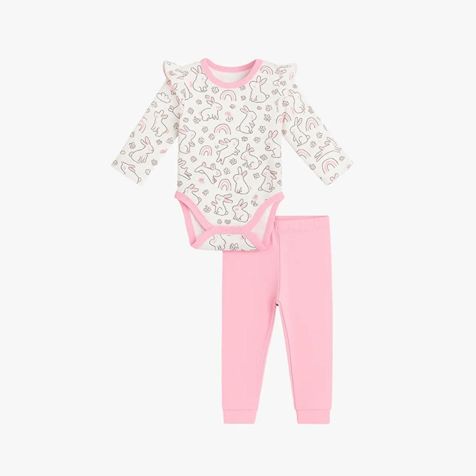 Kız Bebek Çıtçıtlı Body-Uzun Kol Pijama Takımı Bisiklet Yaka Uzun Paça Uzun Kol