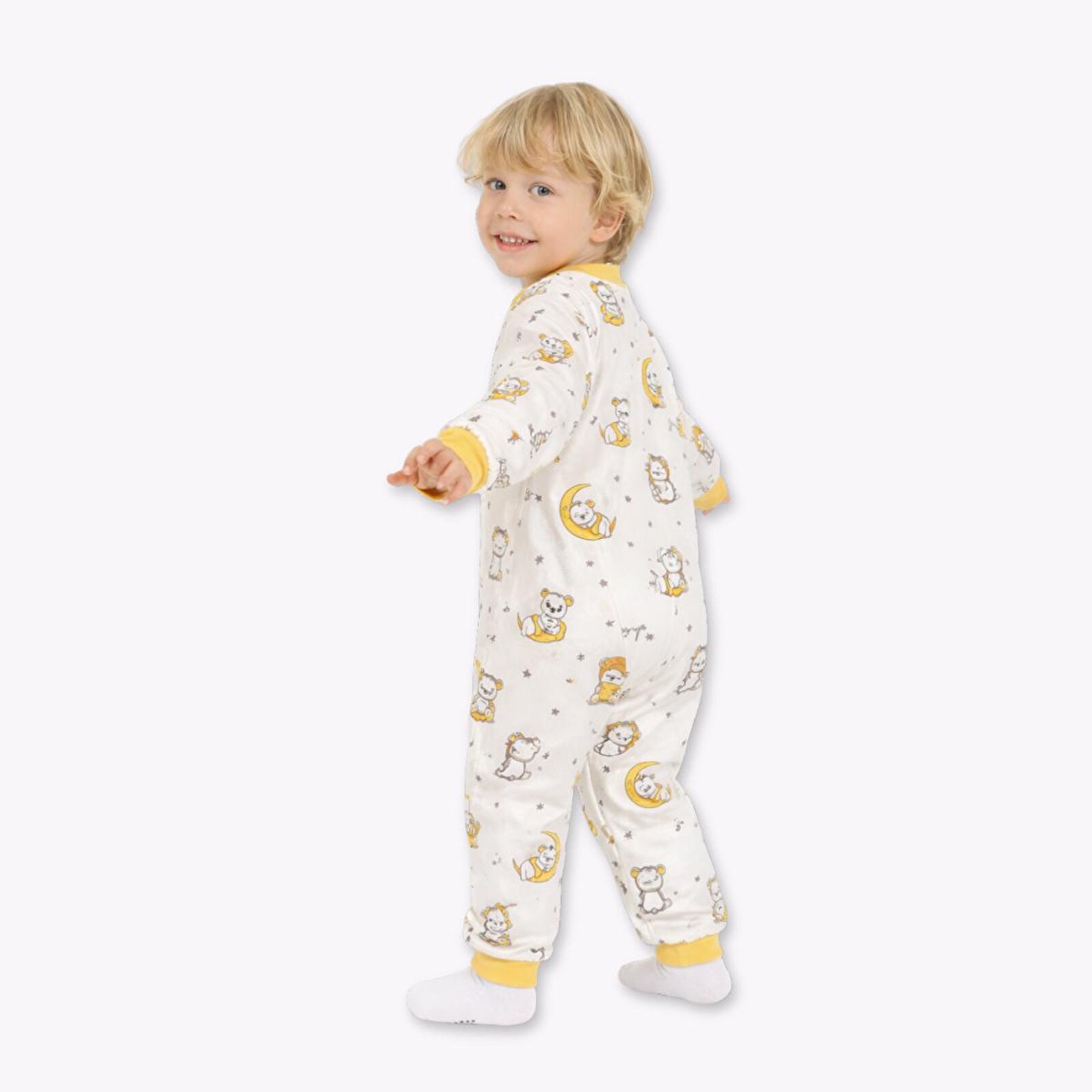 Erkek Bebek Uyku Tulumu Hayvan Baskılı Fermuarlı Bisiklet Yaka Uzun Paça Uzun Kol