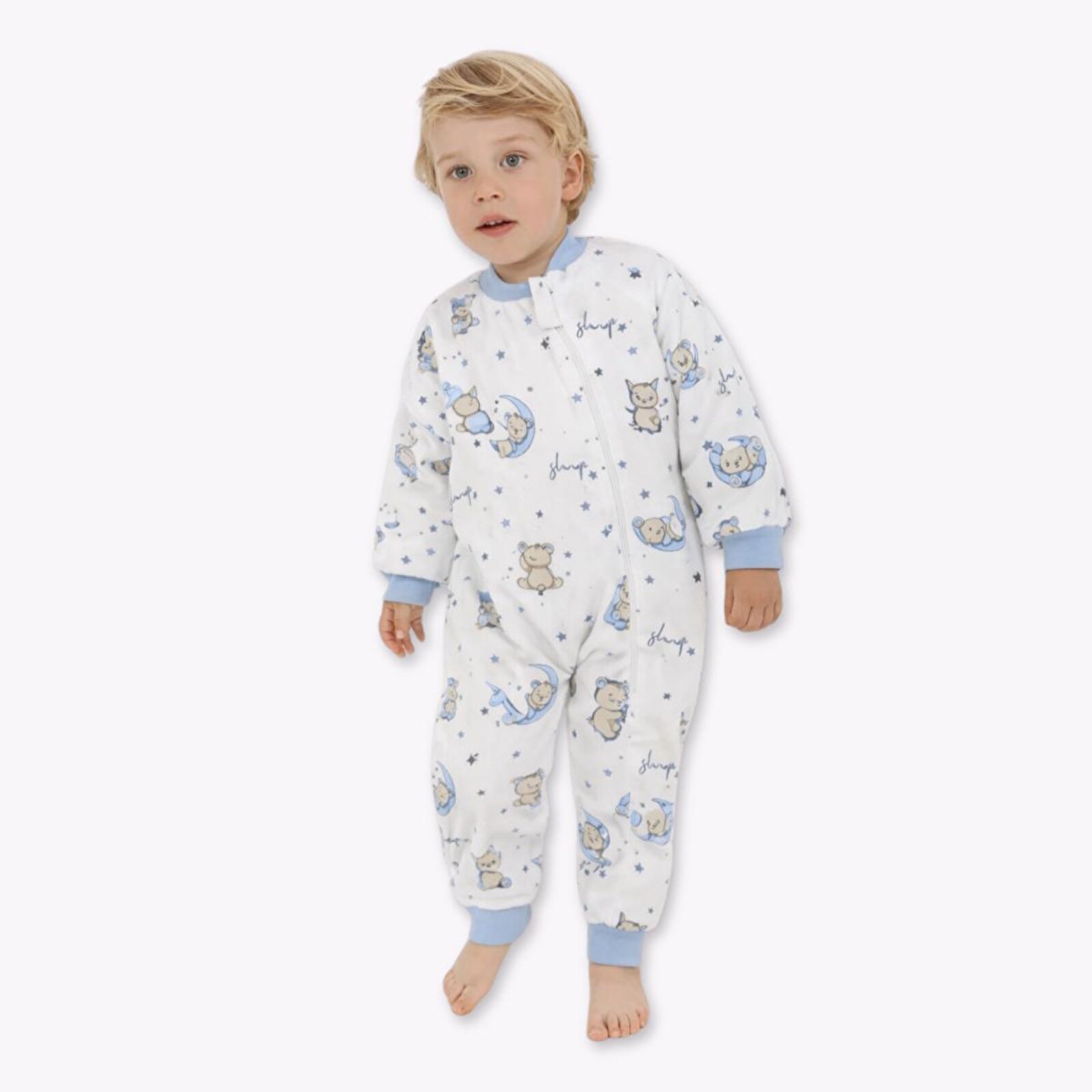 Erkek Bebek Uyku Tulumu Hayvan Baskılı Fermuarlı Bisiklet Yaka Uzun Paça Uzun Kol