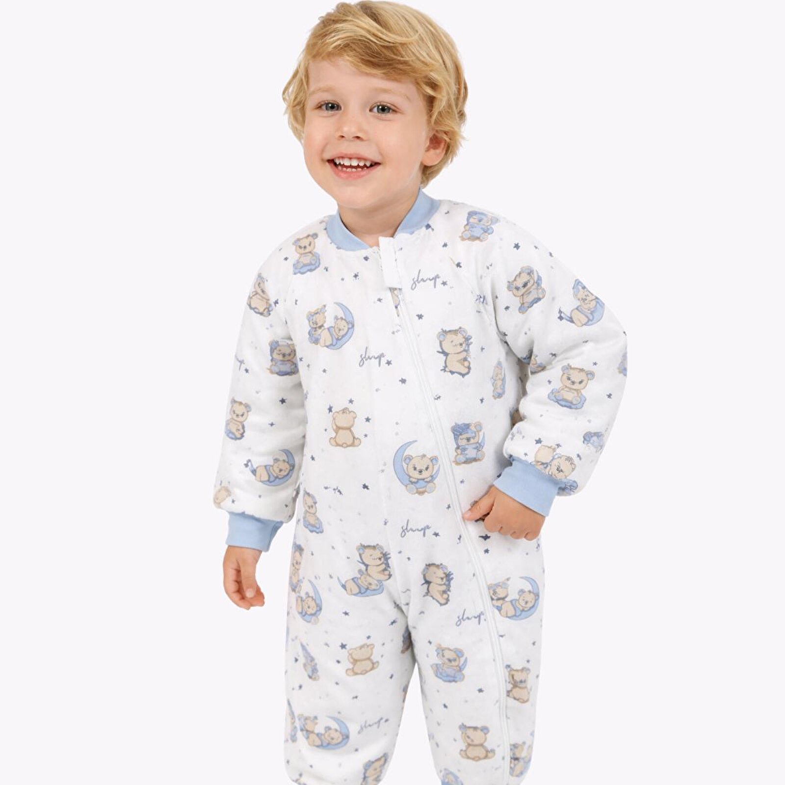 Erkek Bebek Uyku Tulumu Hayvan Baskılı Fermuarlı Bisiklet Yaka Uzun Paça Uzun Kol