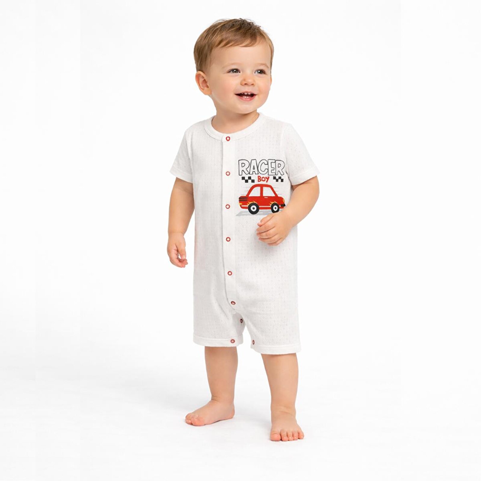 Erkek Bebek Jakarlı Kısa Tulum, Çıtçıtlı, Bisiklet Yaka, Kısa Paça, Kısa Kol