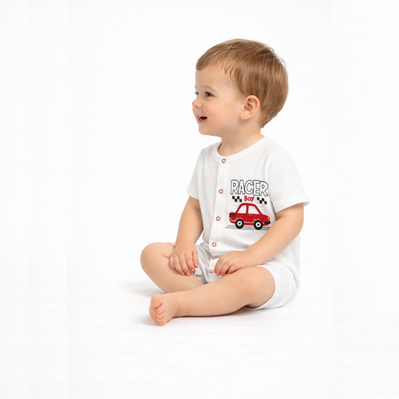 Erkek Bebek Jakarlı Kısa Tulum, Çıtçıtlı, Bisiklet Yaka, Kısa Paça, Kısa Kol