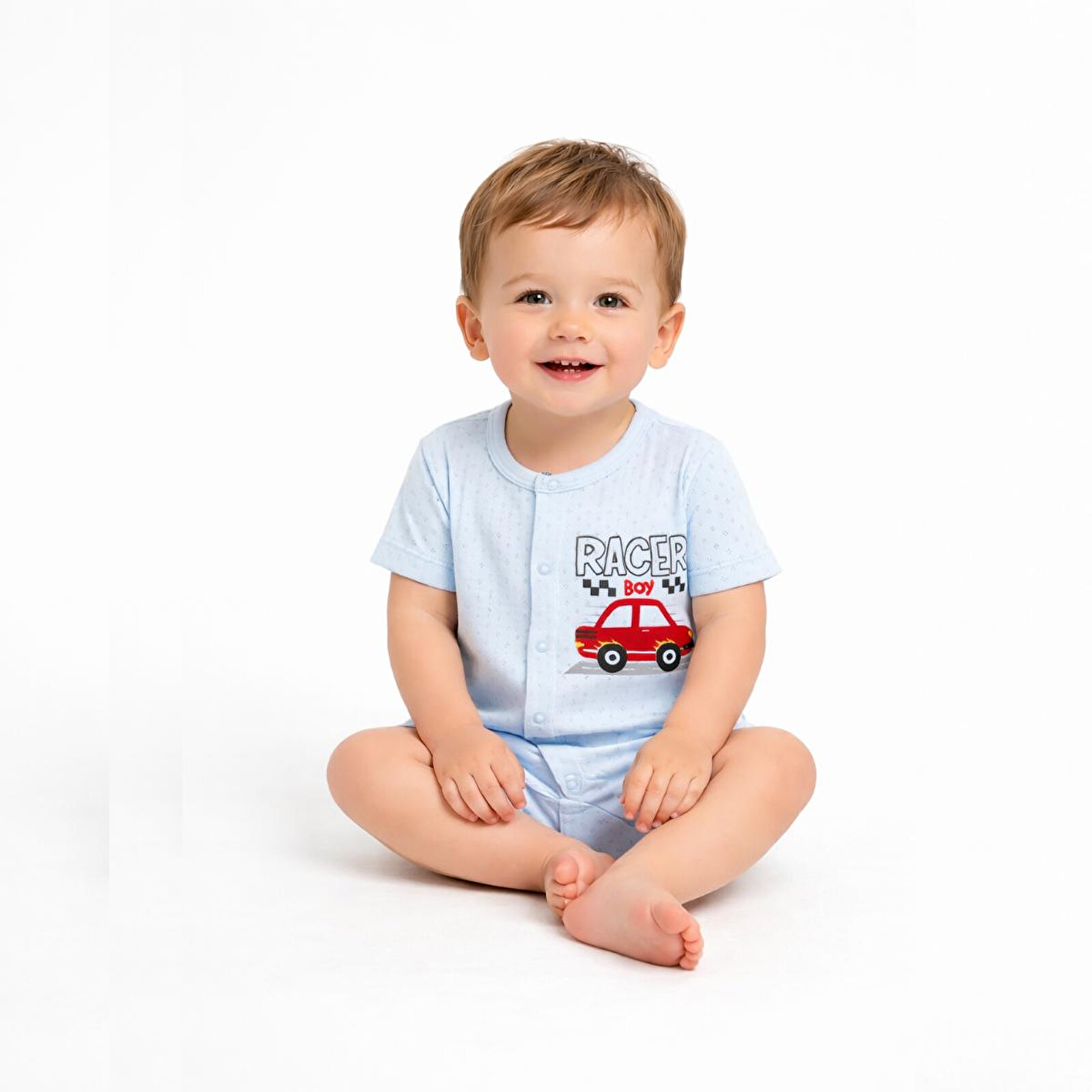 Erkek Bebek Jakarlı Kısa Tulum, Çıtçıtlı, Bisiklet Yaka, Kısa Paça, Kısa Kol