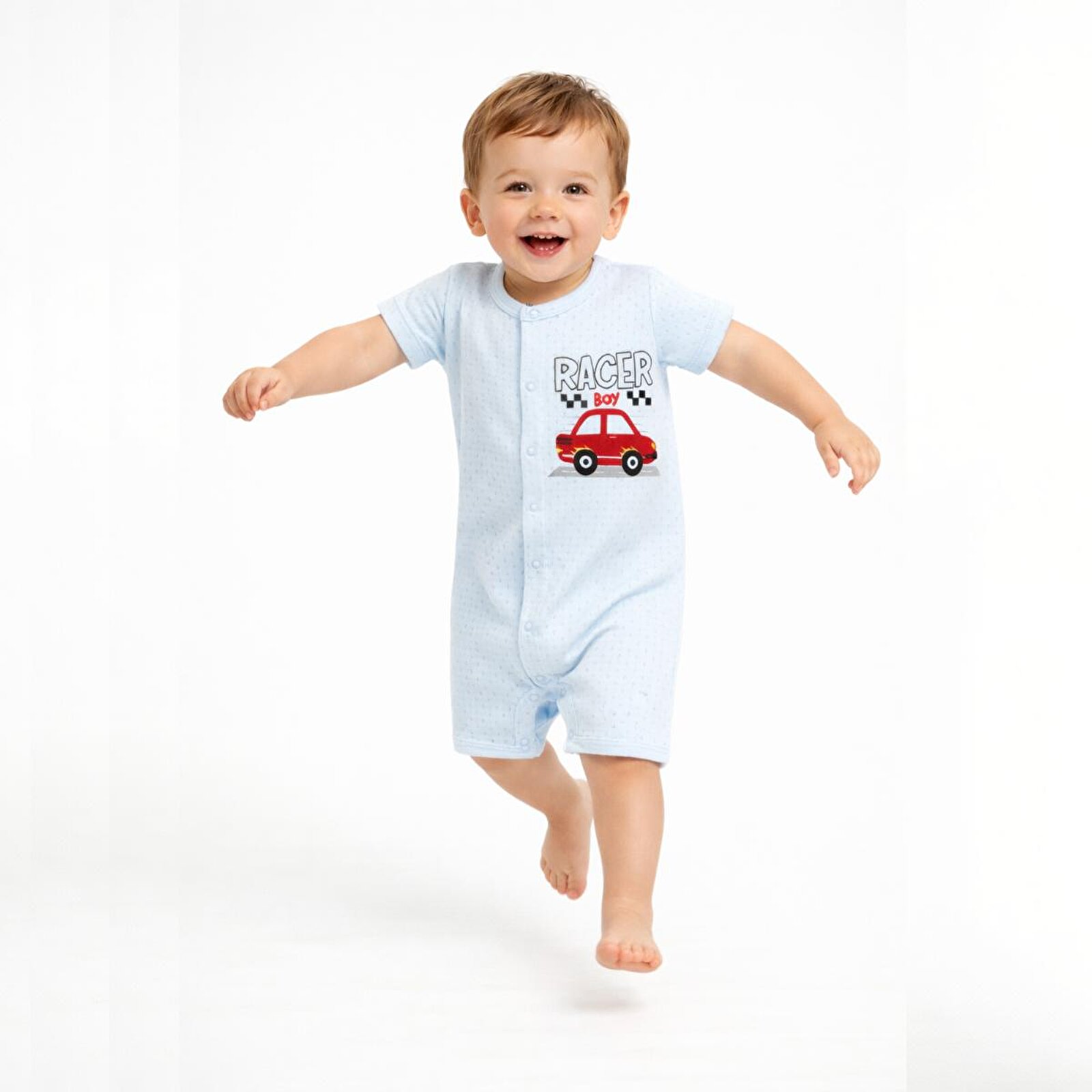 Erkek Bebek Jakarlı Kısa Tulum, Çıtçıtlı, Bisiklet Yaka, Kısa Paça, Kısa Kol