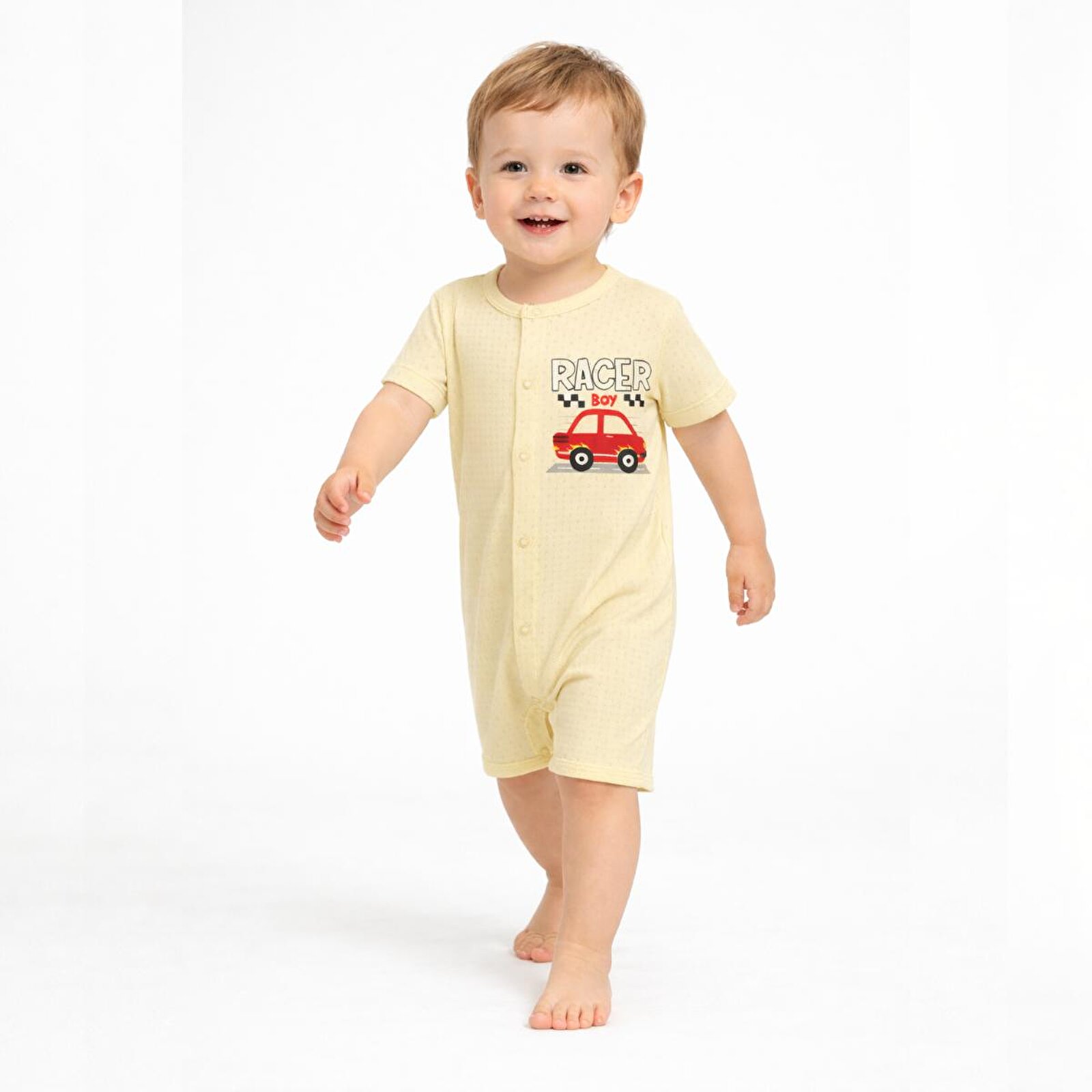 Erkek Bebek Jakarlı Kısa Tulum, Çıtçıtlı, Bisiklet Yaka, Kısa Paça, Kısa Kol