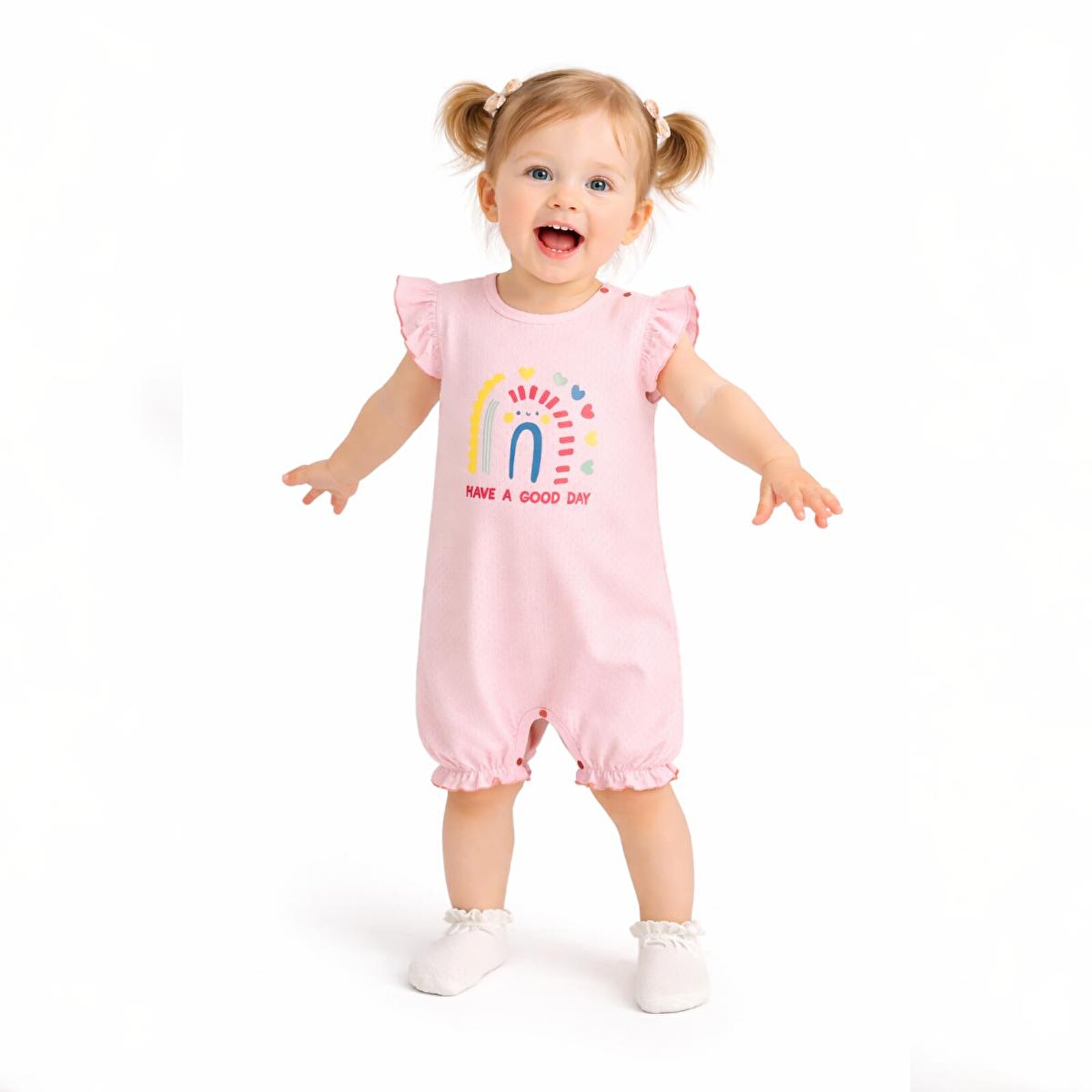 Kız Bebek Jakarlı Kısa Tulum, Çıtçıtlı, Bisiklet Yaka, Kısa Paça, Kısa Kol