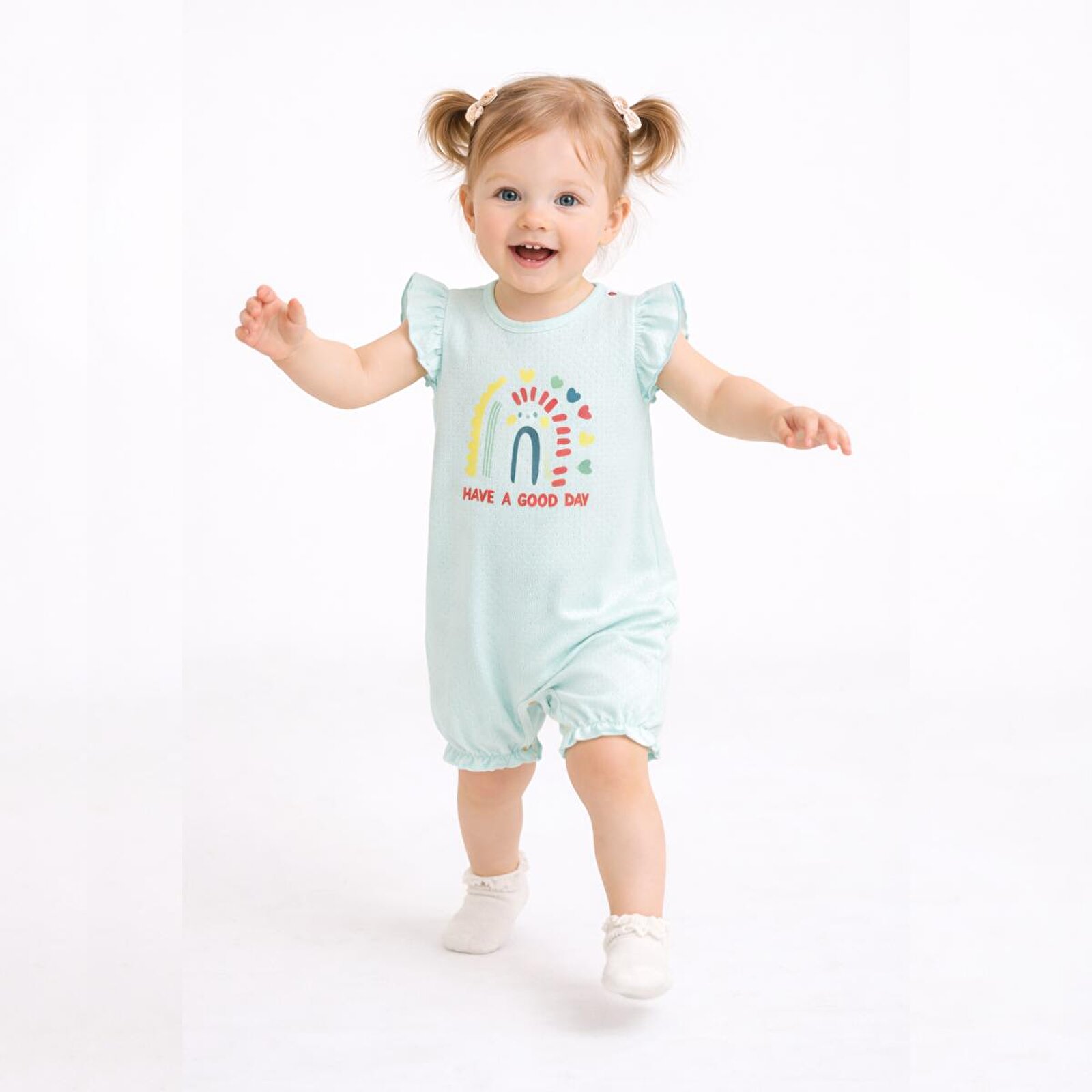 Kız Bebek Jakarlı Kısa Tulum, Çıtçıtlı, Bisiklet Yaka, Kısa Paça, Kısa Kol