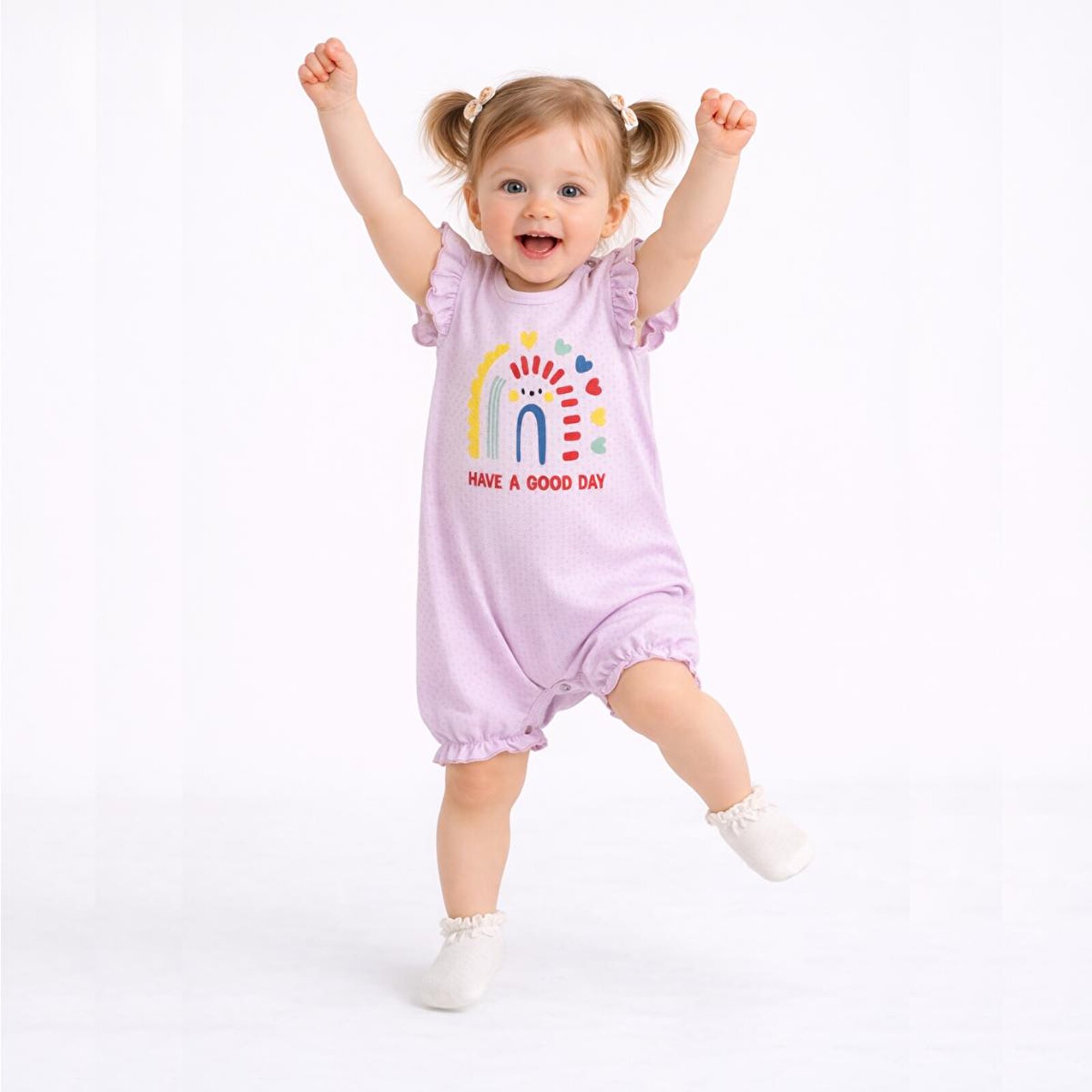 Kız Bebek Jakarlı Kısa Tulum, Çıtçıtlı, Bisiklet Yaka, Kısa Paça, Kısa Kol